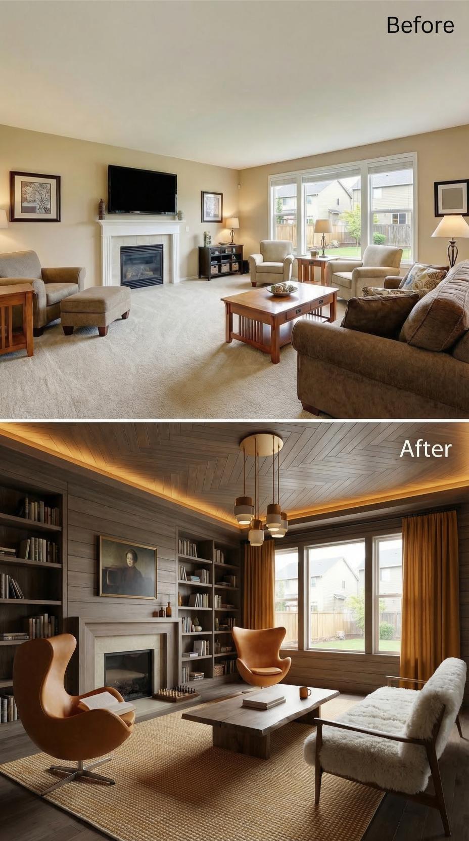 Dark Wood Cladding and Egg Chairs Closed the Case on Beige Carpet