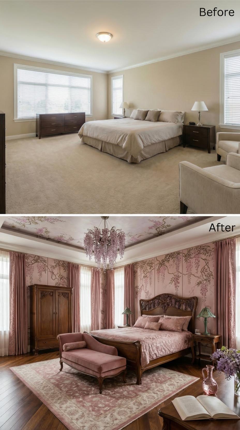 Wisteria Wallpaper, Carved Walnut, and a Floral Ceiling Replaced Beige and Carpet