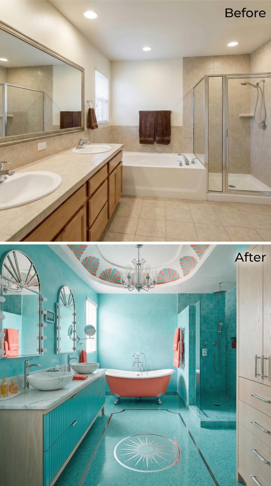 Coral Clawfoot Tub and Art Deco Ceiling Medallion Buried Every Beige Tile