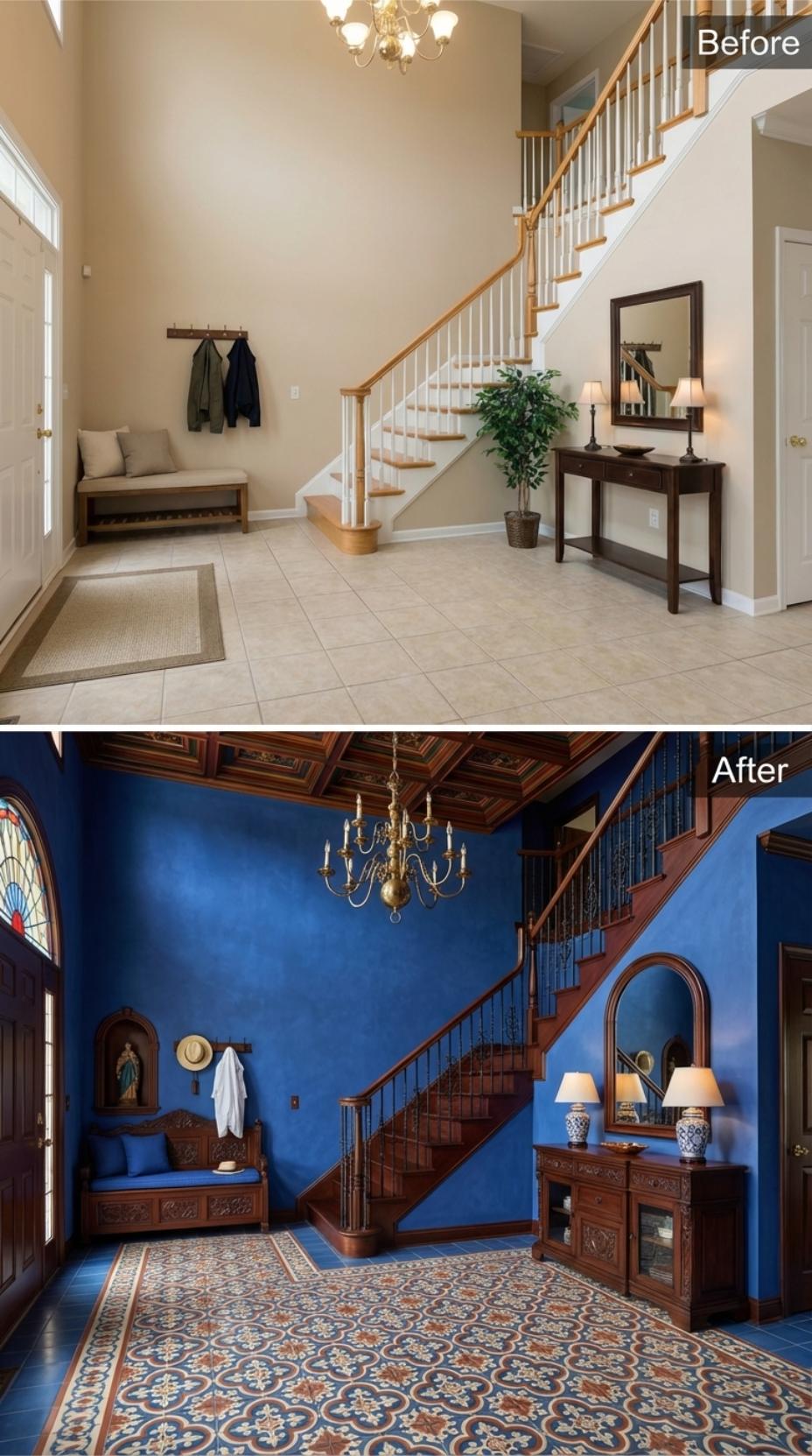 Cobalt Plaster and Carved Walnut Pull a Builder Foyer into Spanish Colonial Territory