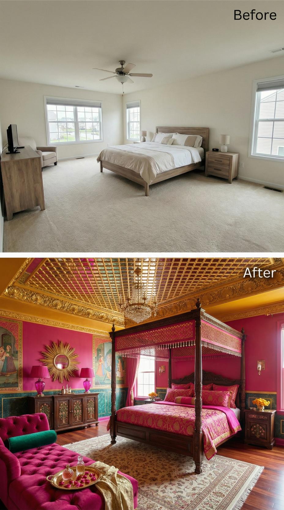 Magenta Walls, Gold Lattice Ceiling, and a Four-Poster Dressed in Brocade
