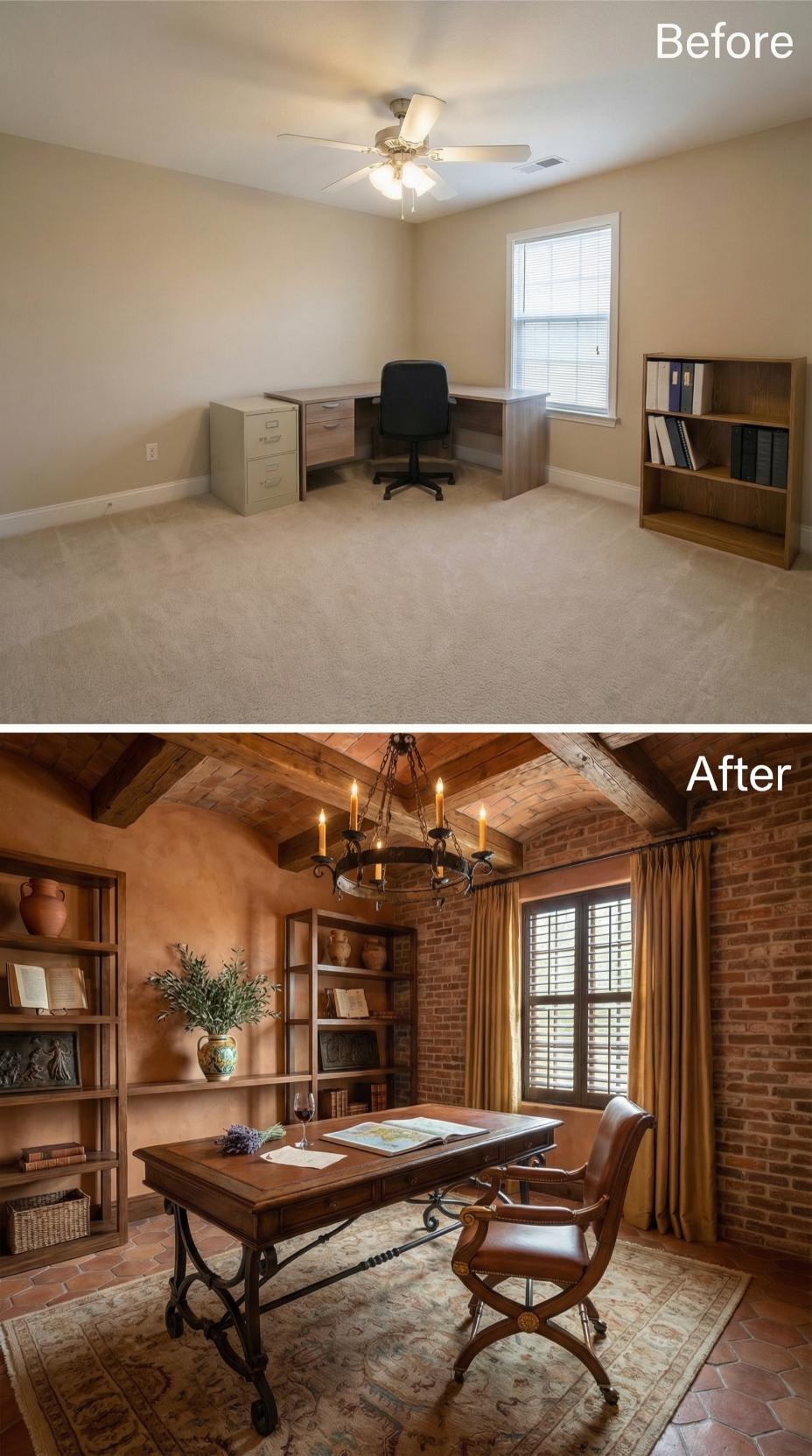 Tuscan Revival Study with Exposed Brick and Barrel-Vaulted Wood Ceiling
