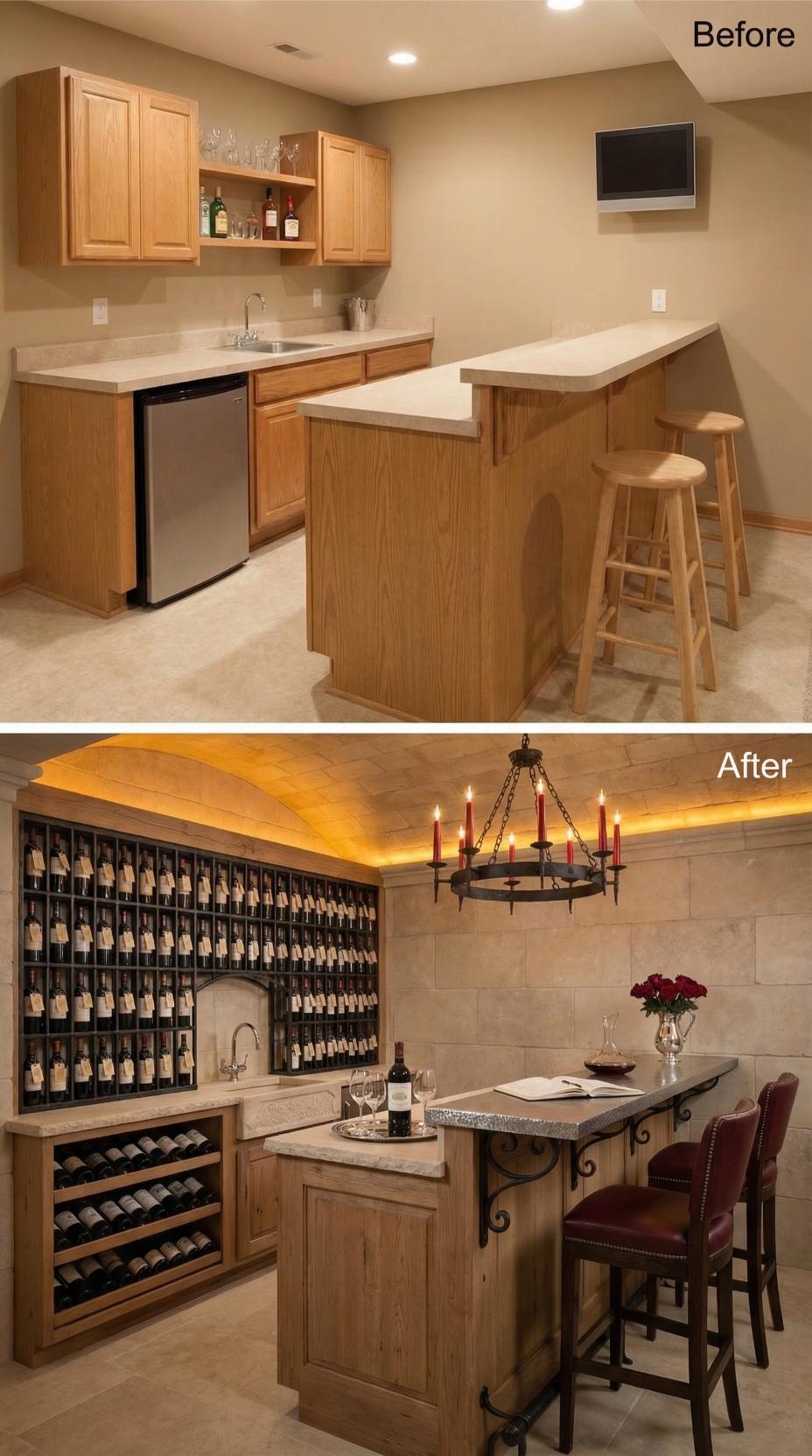 Arched Wine Grotto and Wrought Iron Chandelier Replace Beige Oak Bar