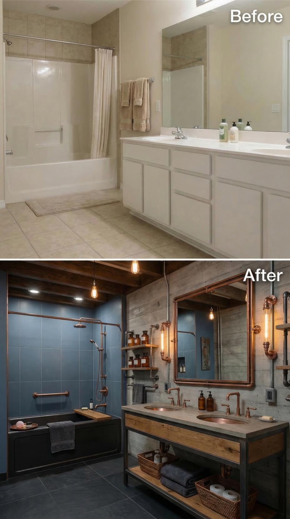 Industrial Copper Piping and Weathered Wood Vanity Against Dark Slate