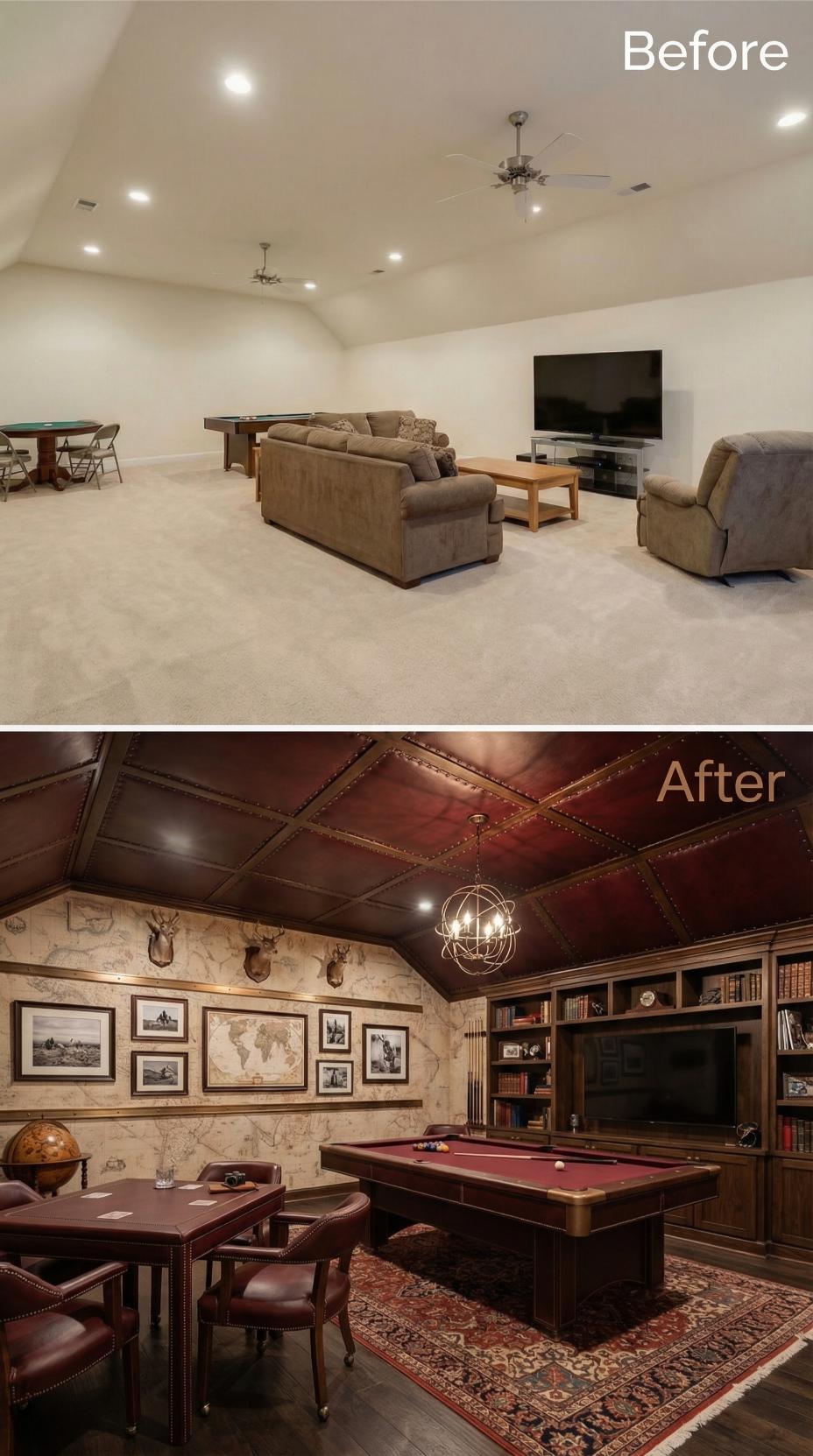 English Gentleman's Study with Coffered Mahogany Ceiling and World Map Gallery