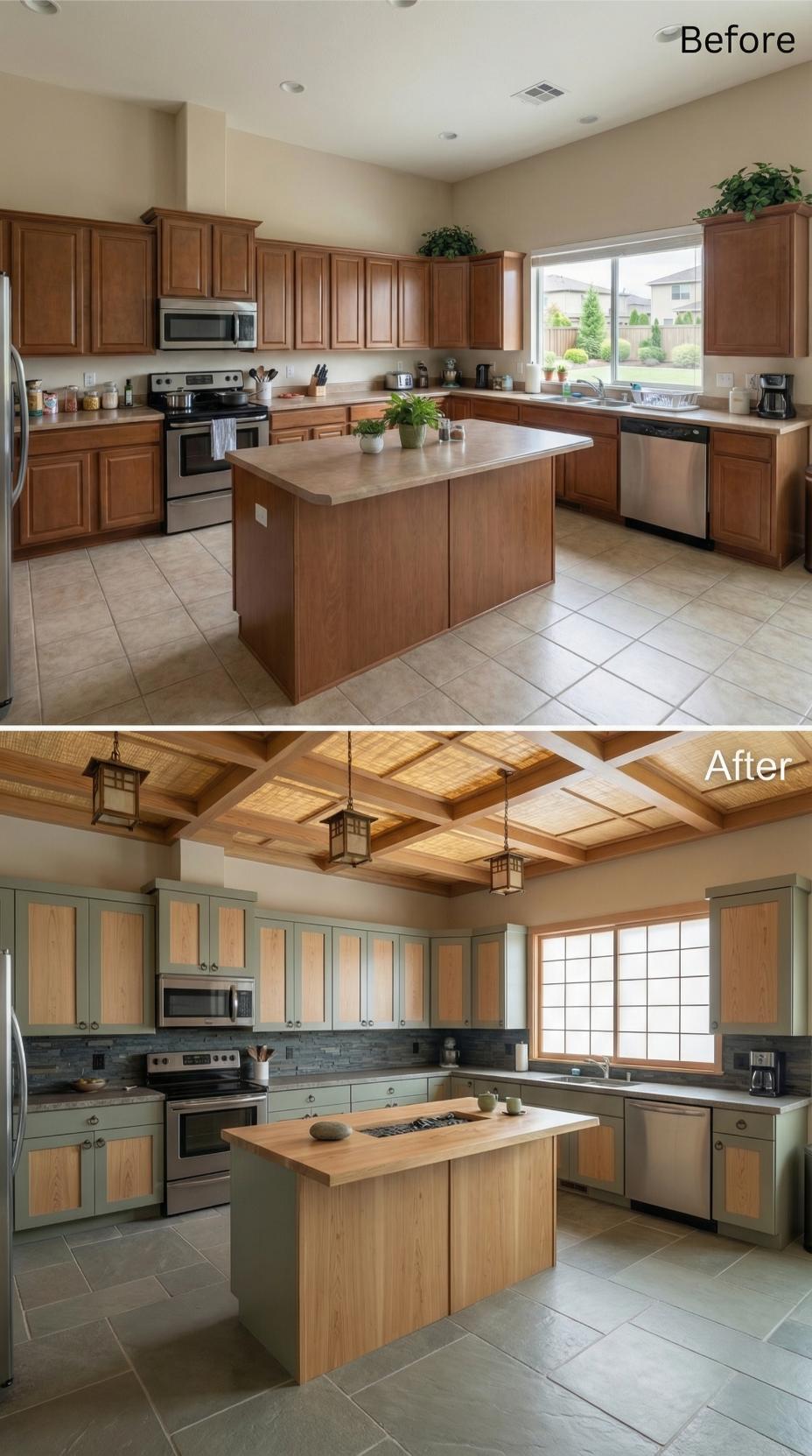Japanese-Inspired Shoji Window and Coffered Wood Grid With Sage Green Frames