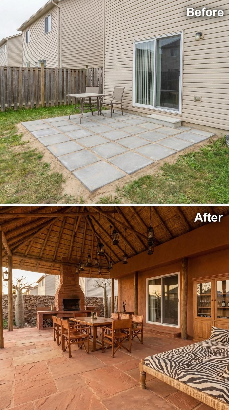 Thatched Safari Pavilion with Fieldstone Fireplace and Terracotta Tile