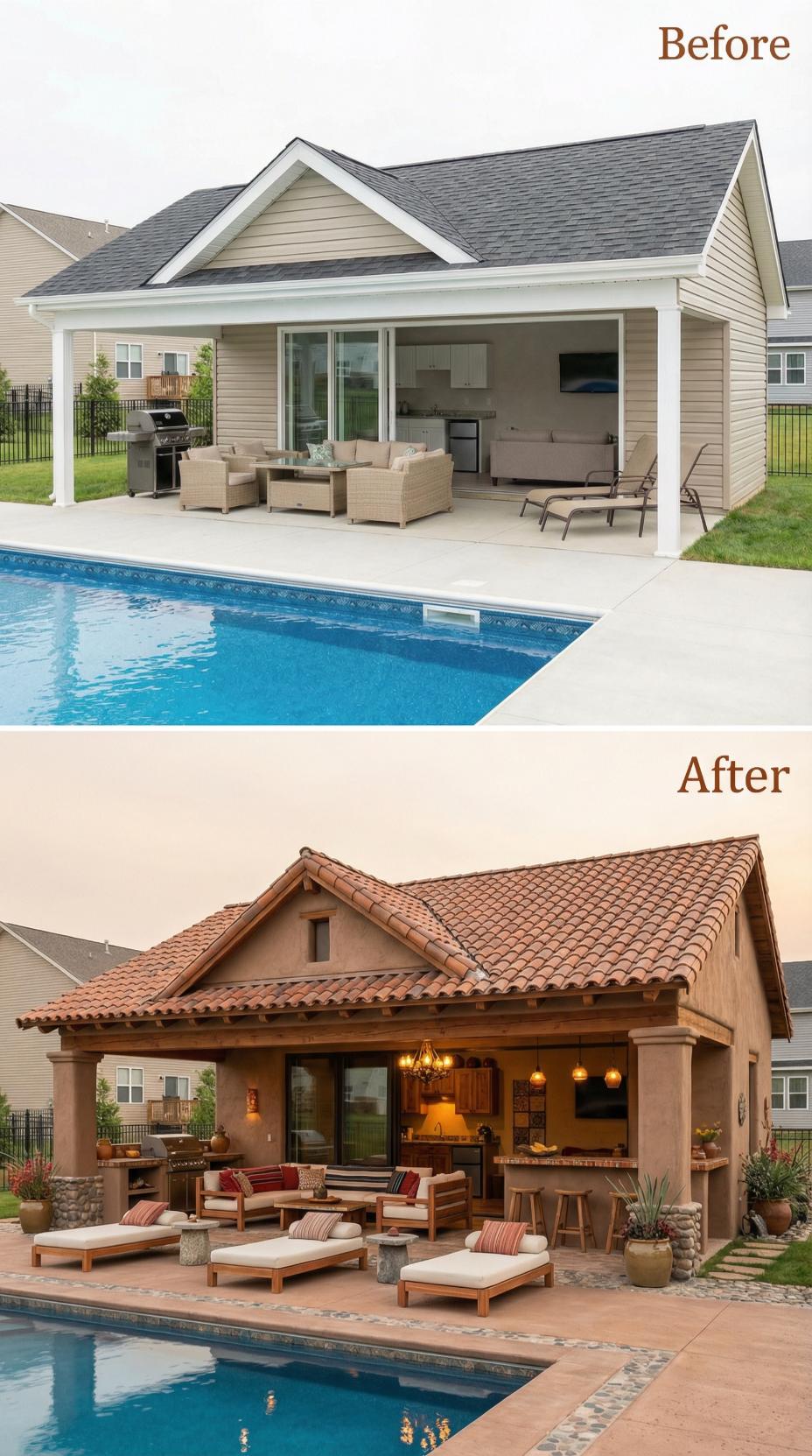 Terracotta Barrel Tiles and Stucco Pillars Overhaul Suburban Gray Asphalt