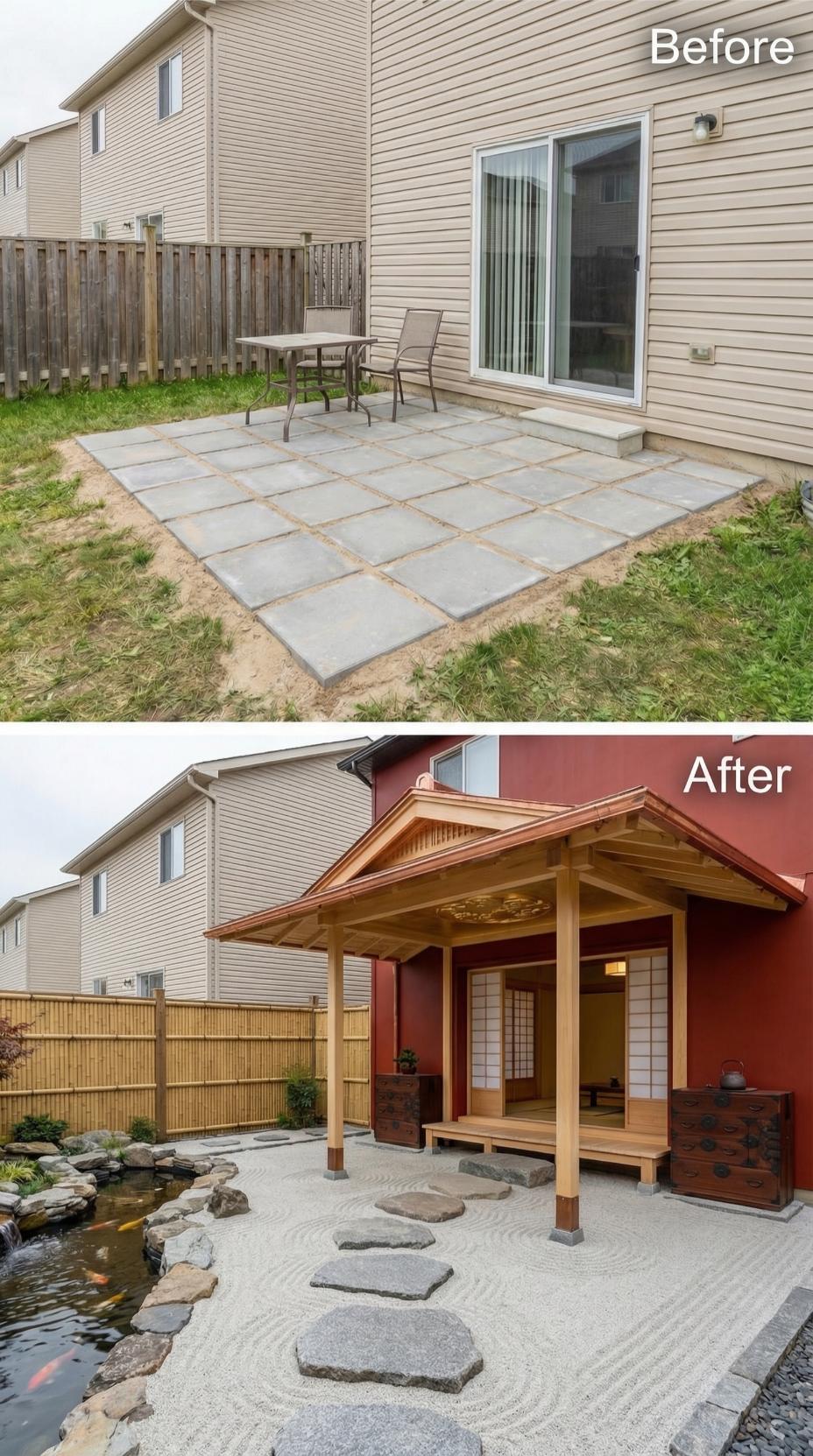 Japanese Tea House with Koi Pond Rises from Generic Paver Grid