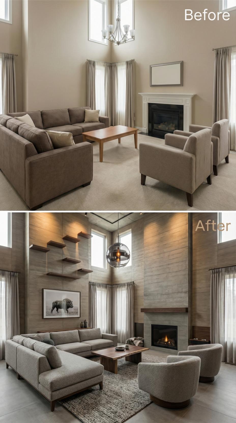 Horizontal Grasscloth and Floating Walnut Shelves Supplant Beige Vacancy