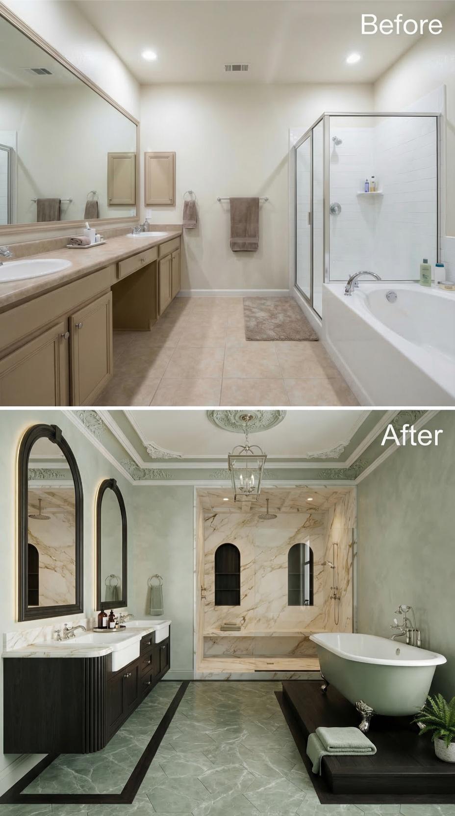 Sage Venetian Plaster, Clawfoot Tub, and Ornate Crown Molding Replace Tan Cabinets