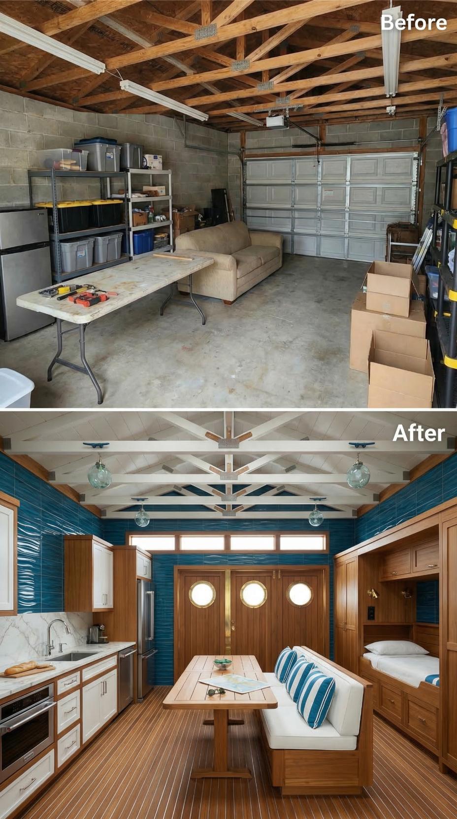Nautical Porthole Doors and Teak Decking Gave One Bare Garage a Boat Cabin Interior