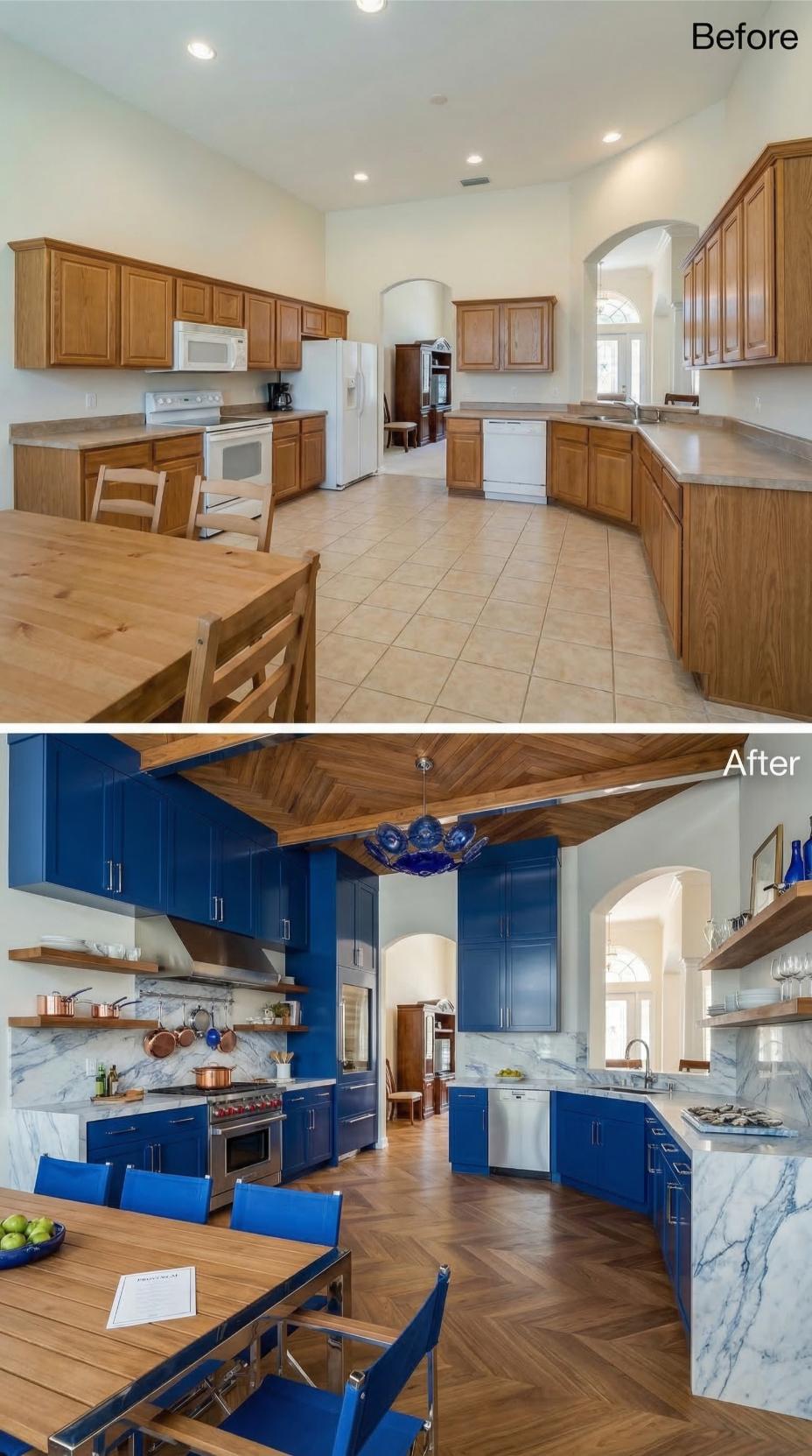 Cobalt Lacquer Cabinets and a Herringbone Walnut Floor Bury Builder Oak in Bold Color