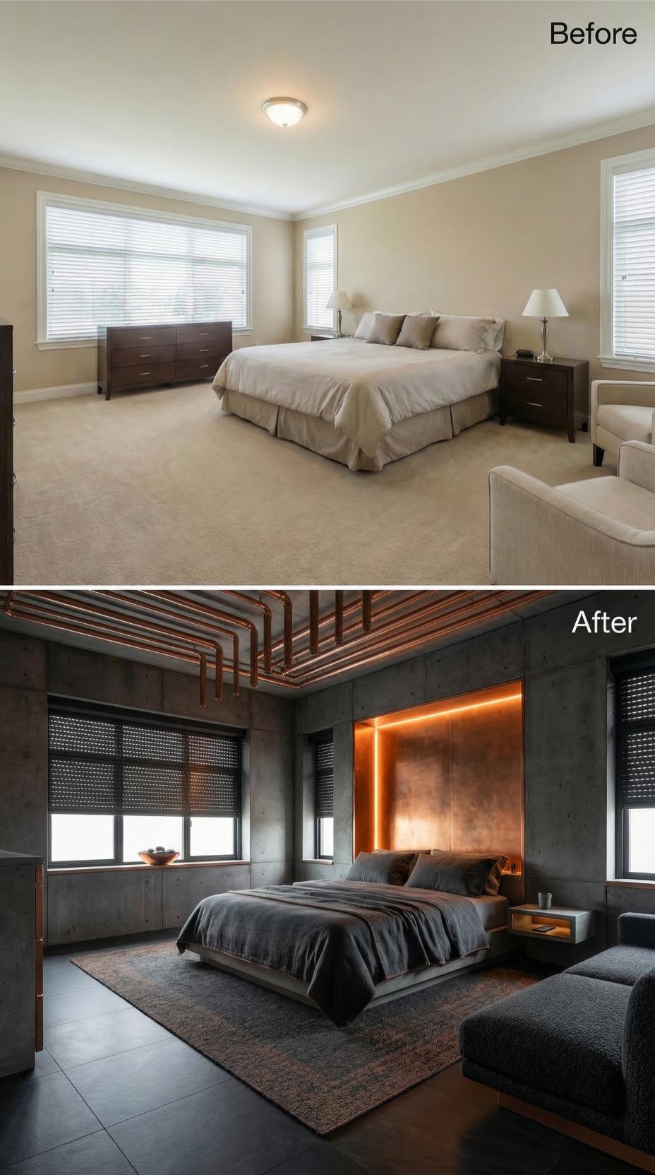 Copper Pipes Left Exposed on the Ceiling While Concrete Panels Replaced Every Beige Wall