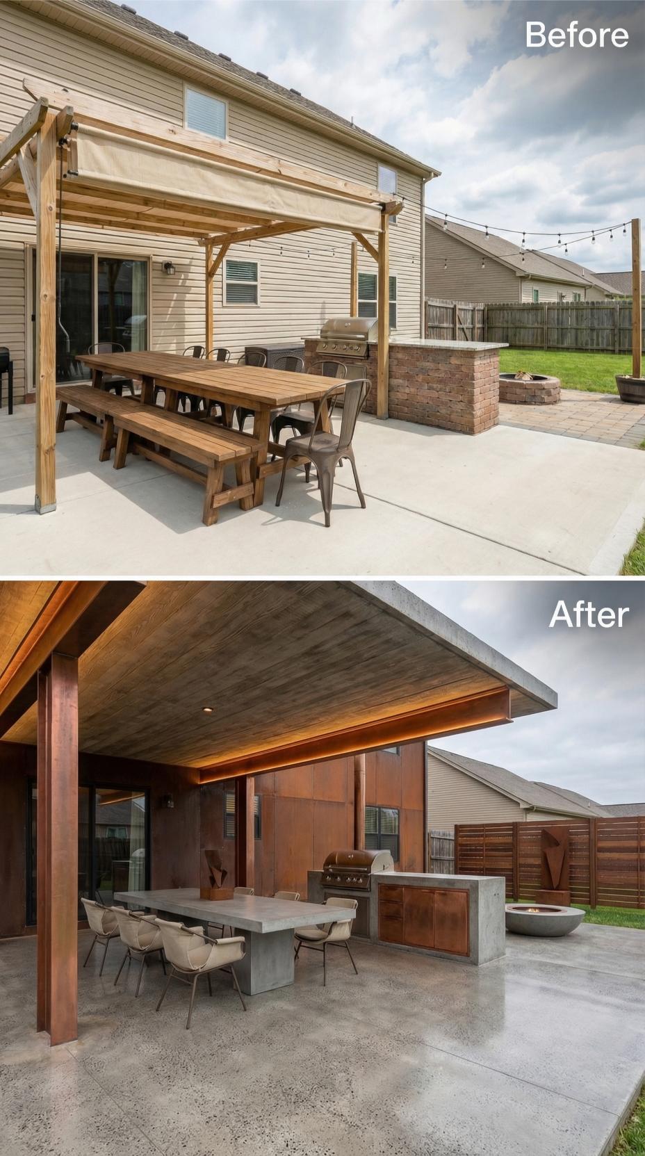 Concrete Patio to Polished Aggregate with Cantilevered Roof and Live Edge Table