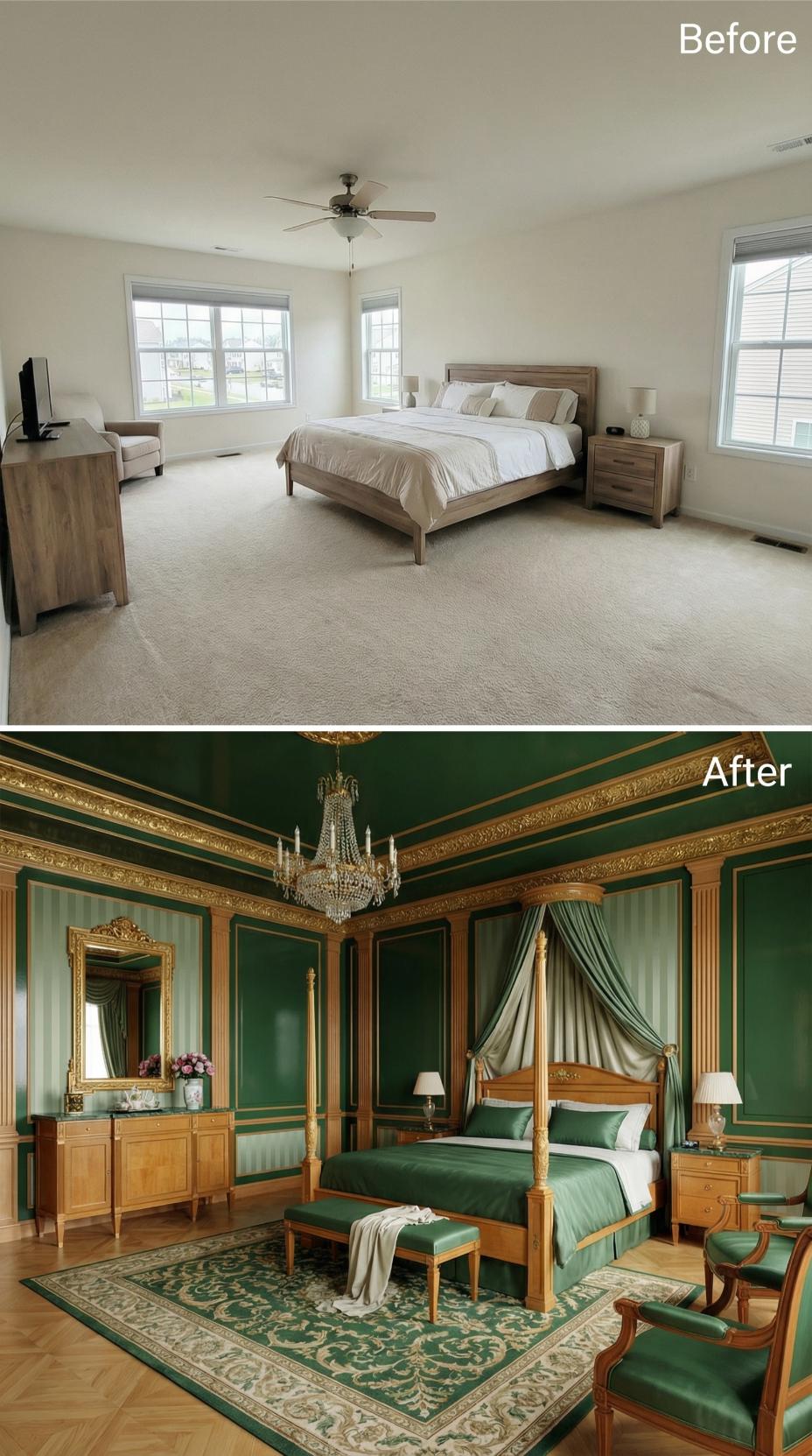 Forest Green Paneled Walls, Crystal Chandelier, and Gold Moldings That Mean Business