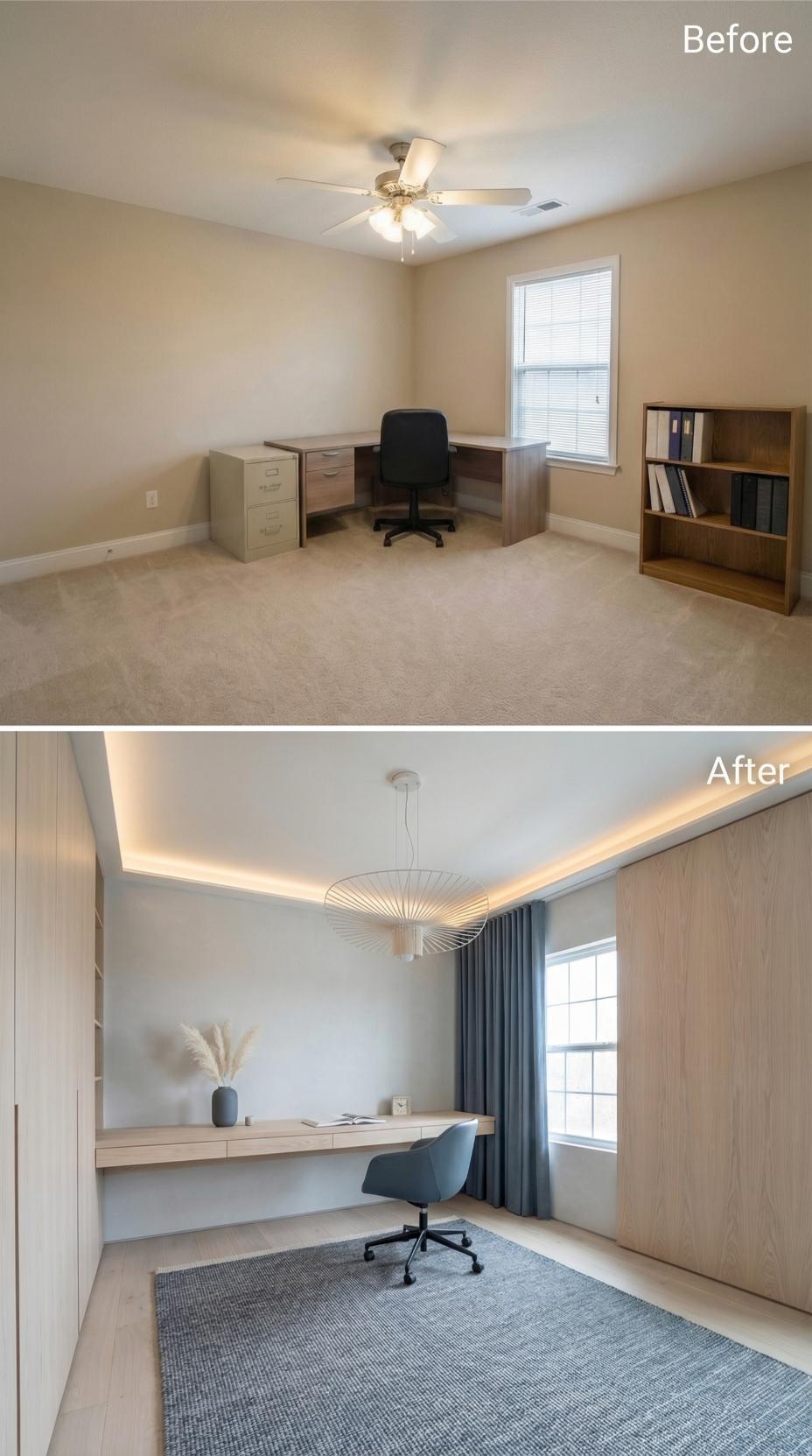 Cove Lighting and Floating Desk Replace Brass Fan and Freestanding Furniture