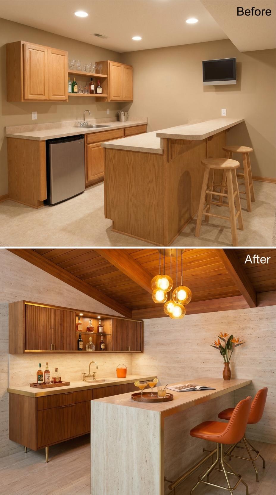 Travertine Waterfall Peninsula and Amber Pendant Cluster Replace Oak L-Shape