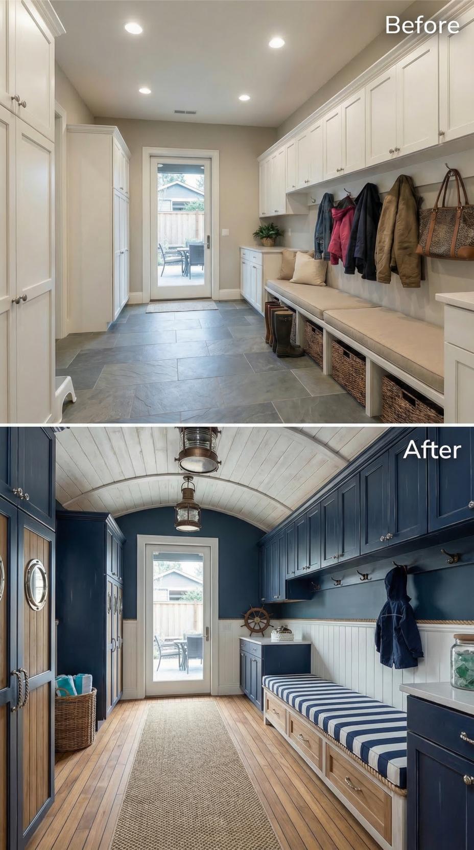 Navy Shiplap Barrel Vault and Nautical Hardware Replace Beige Calm
