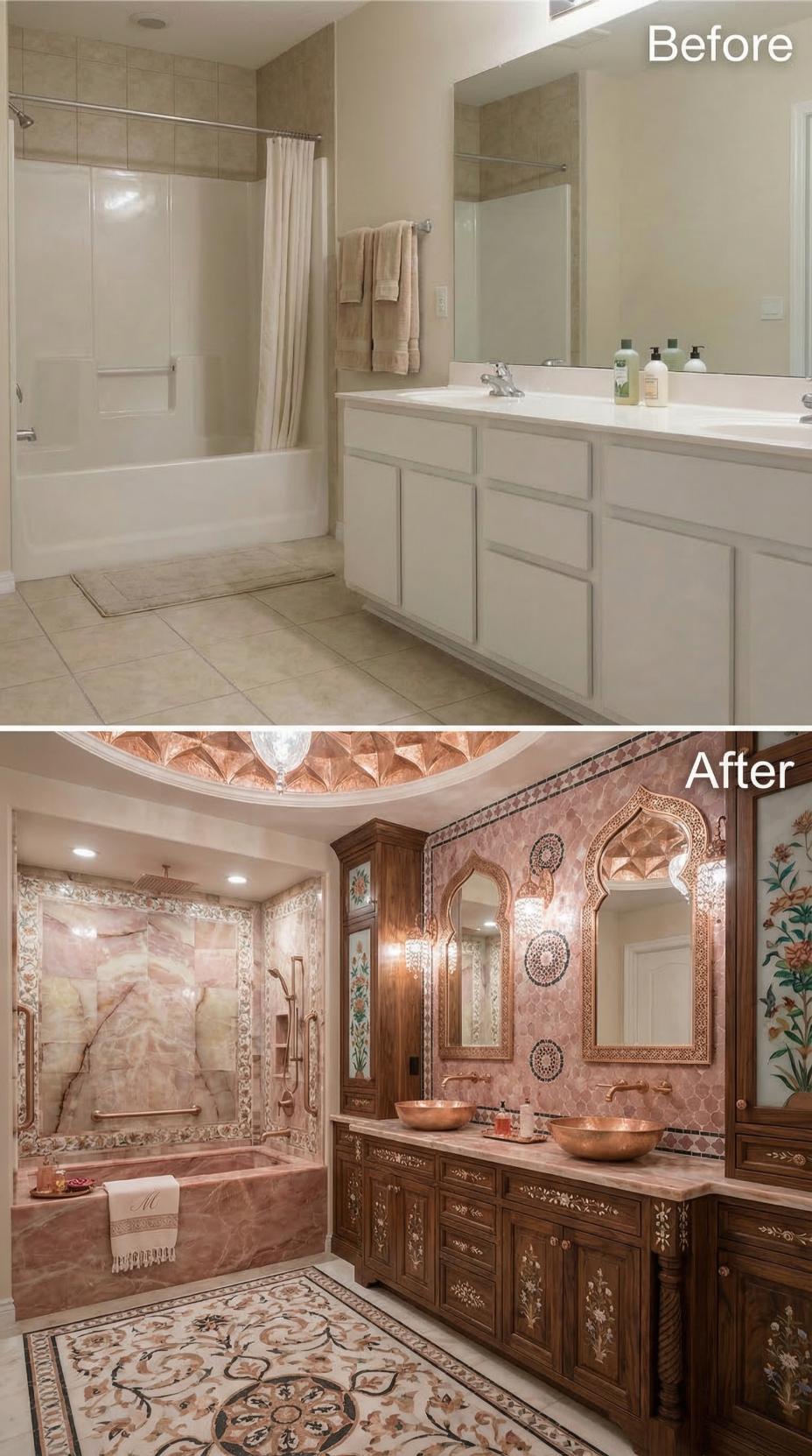 Rose Marble Walls and Inlaid Wood Vanity with Copper Bowl Sinks