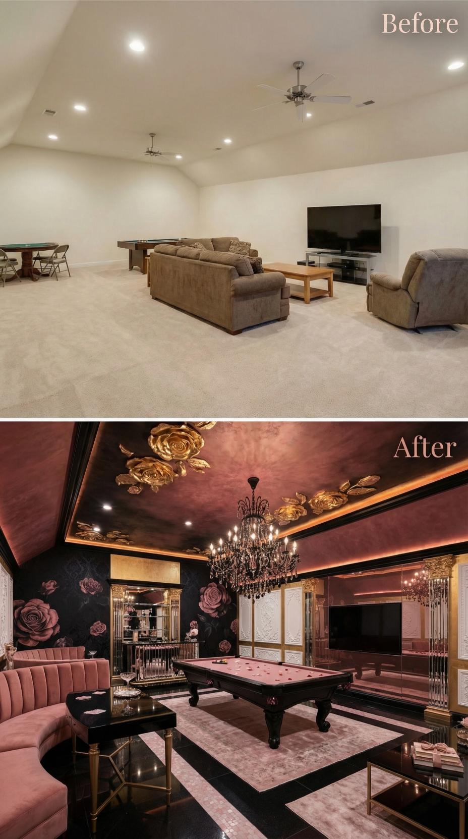 Rose Gold Opulence Beneath Golden Floral Ceiling Murals