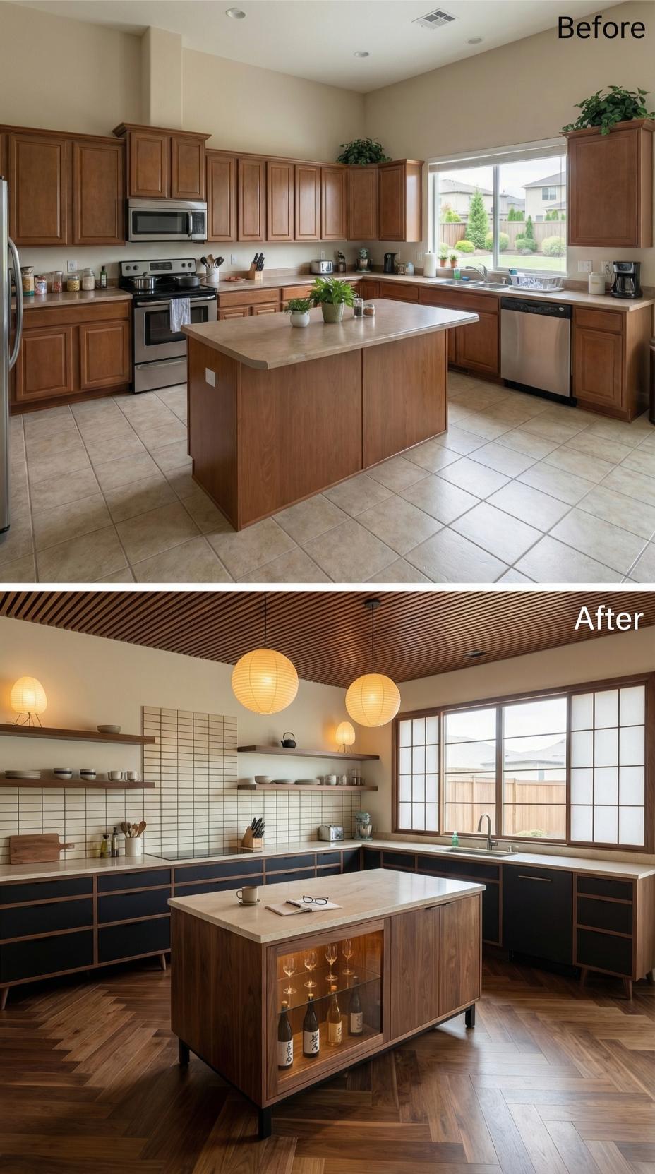 Horizontal Wood Slat Ceiling and Black Lower Cabinets With Open Shelving