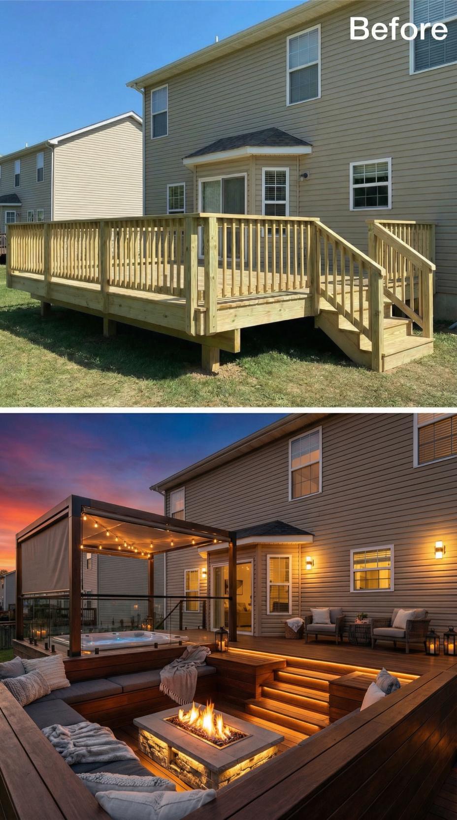 Sunken Fire Lounge with Spa Canopy Replaces Basic Railing Platform