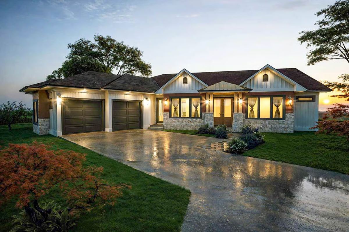 Inviting Craftsman Ranch Exterior with Stone Accents and Warm Evening Glow