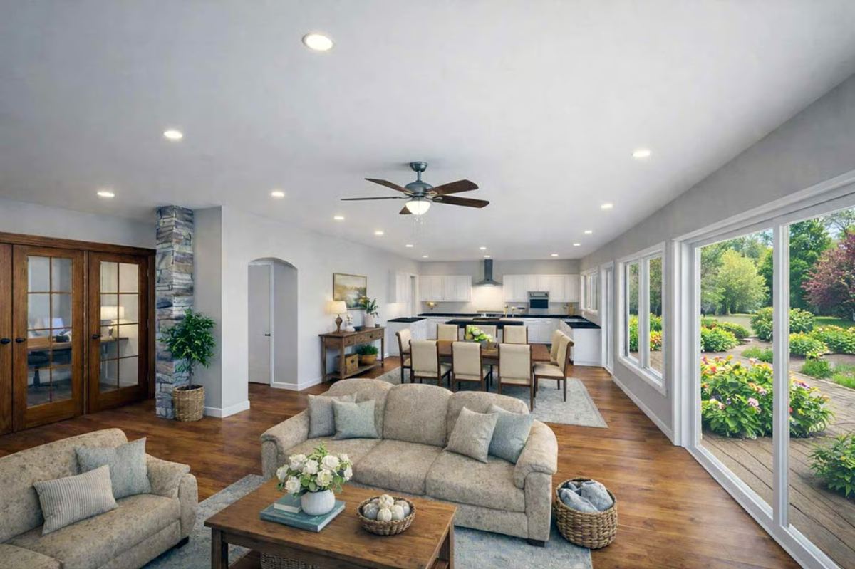 Open Concept Living and Dining with Vaulted Ceiling and Garden Views