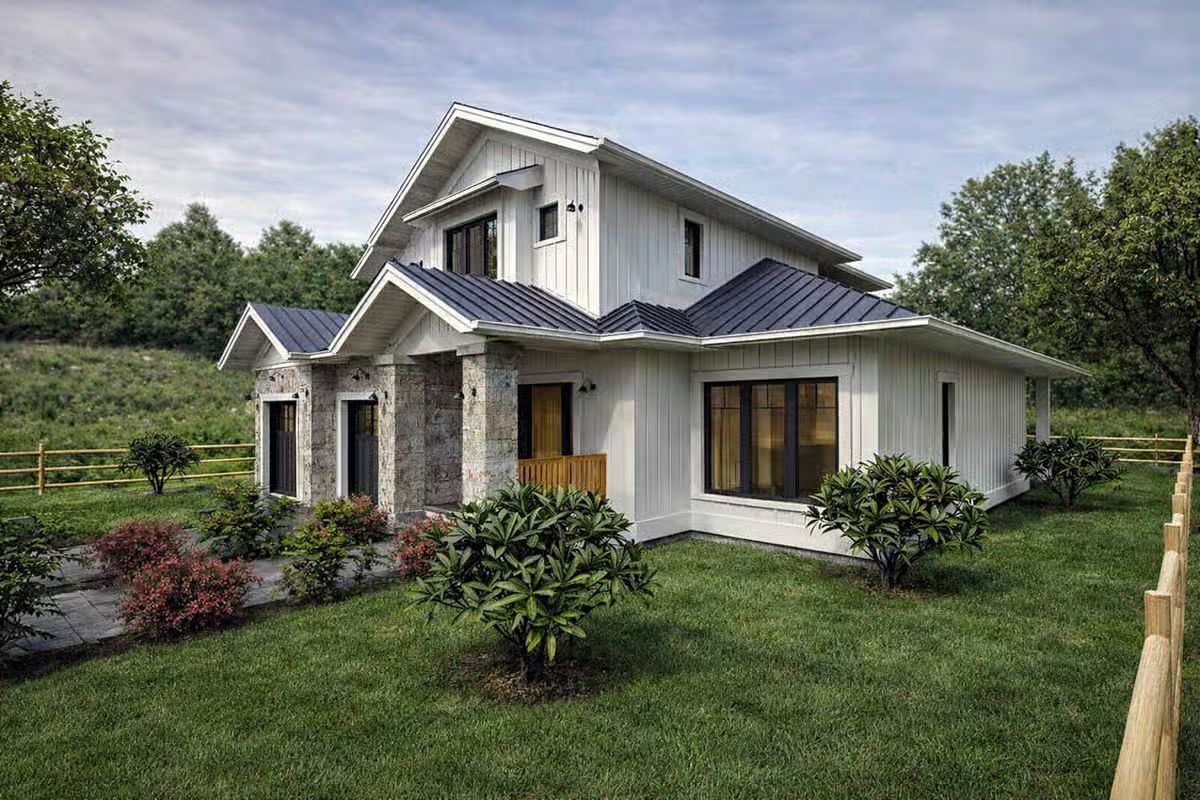 White Vertical Siding and Stone Columns Frame Country-Inspired Entry