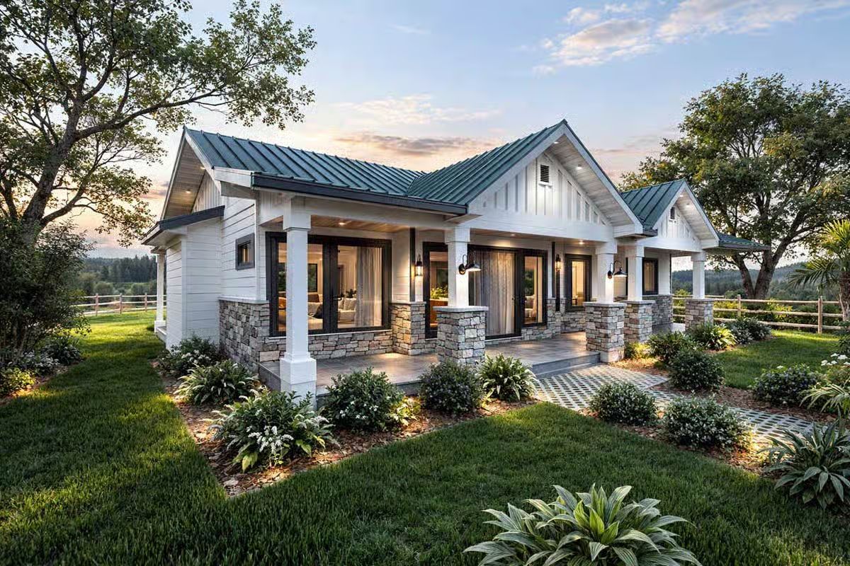 Front Porch Framed by Stone Columns and Metal Roof at Twilight