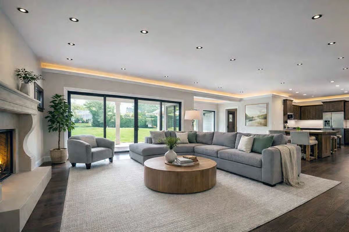 Recessed Ceiling Details and Cove Lighting Frame Open Living Area