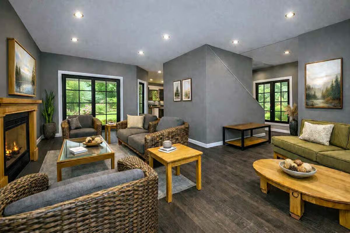 Open Lounge Area with Wicker Seating and Gray Walls Throughout