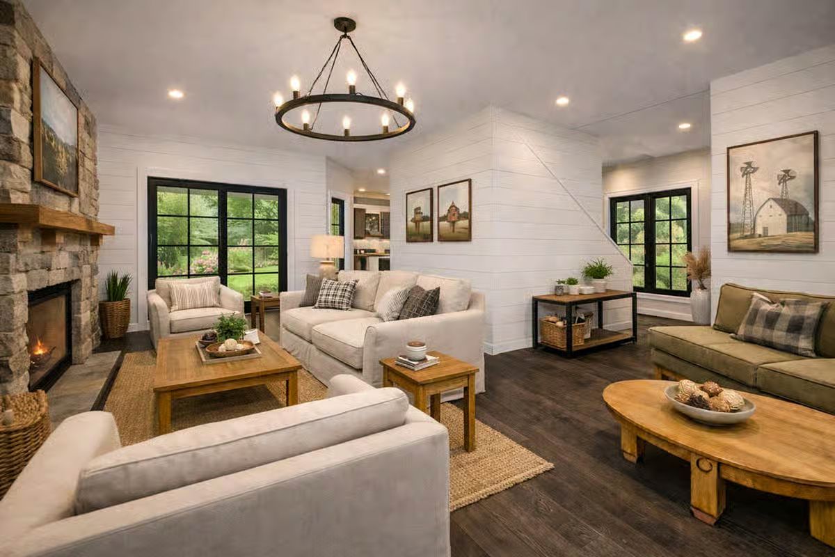 Modern Farmhouse Living Room with Shiplap Walls and Black-Framed Windows