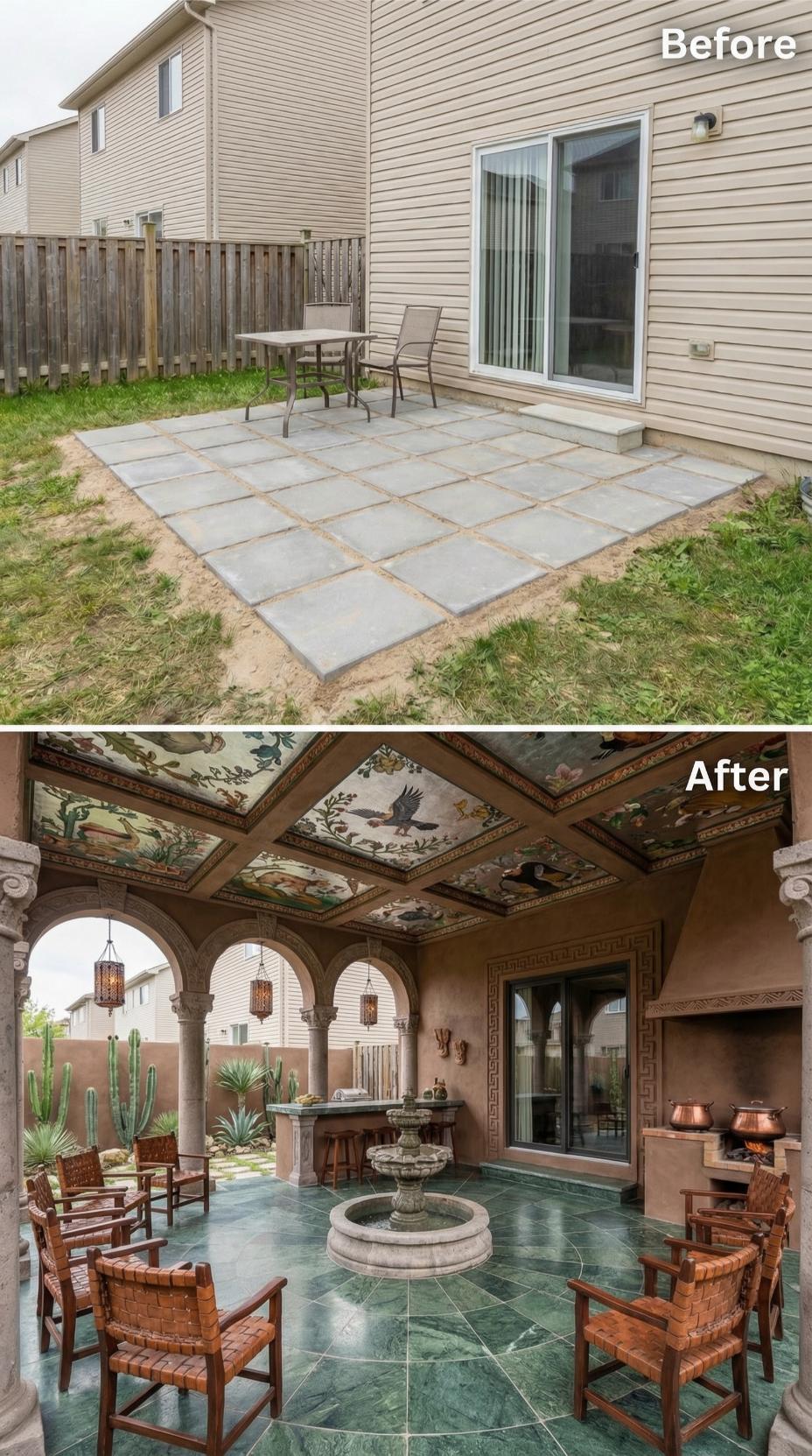 Mediterranean Courtyard with Hand-Painted Ceiling Panels and Fountain