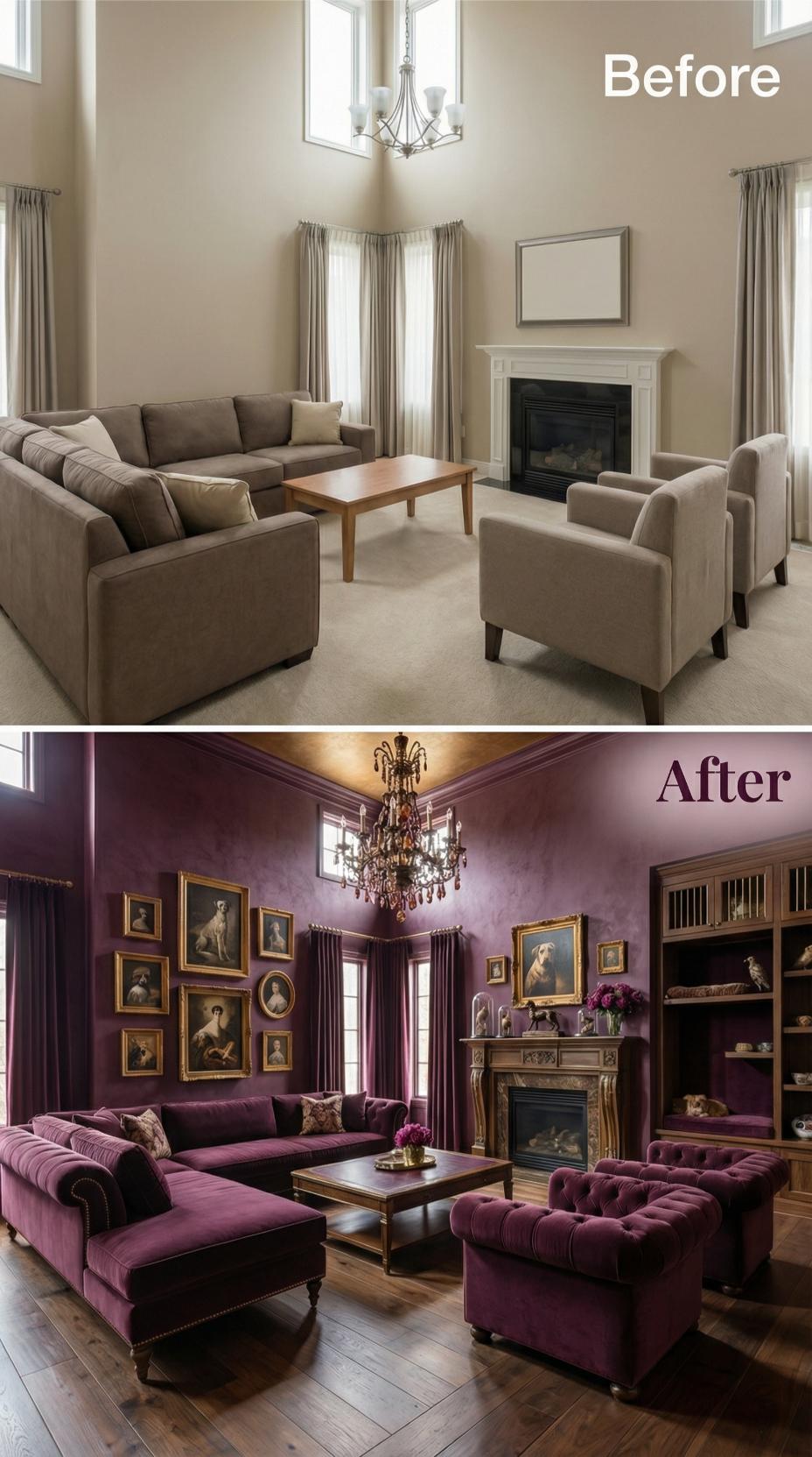 Deep Plum Walls and Gallery of Gilded Portraits Erase Beige Monotony