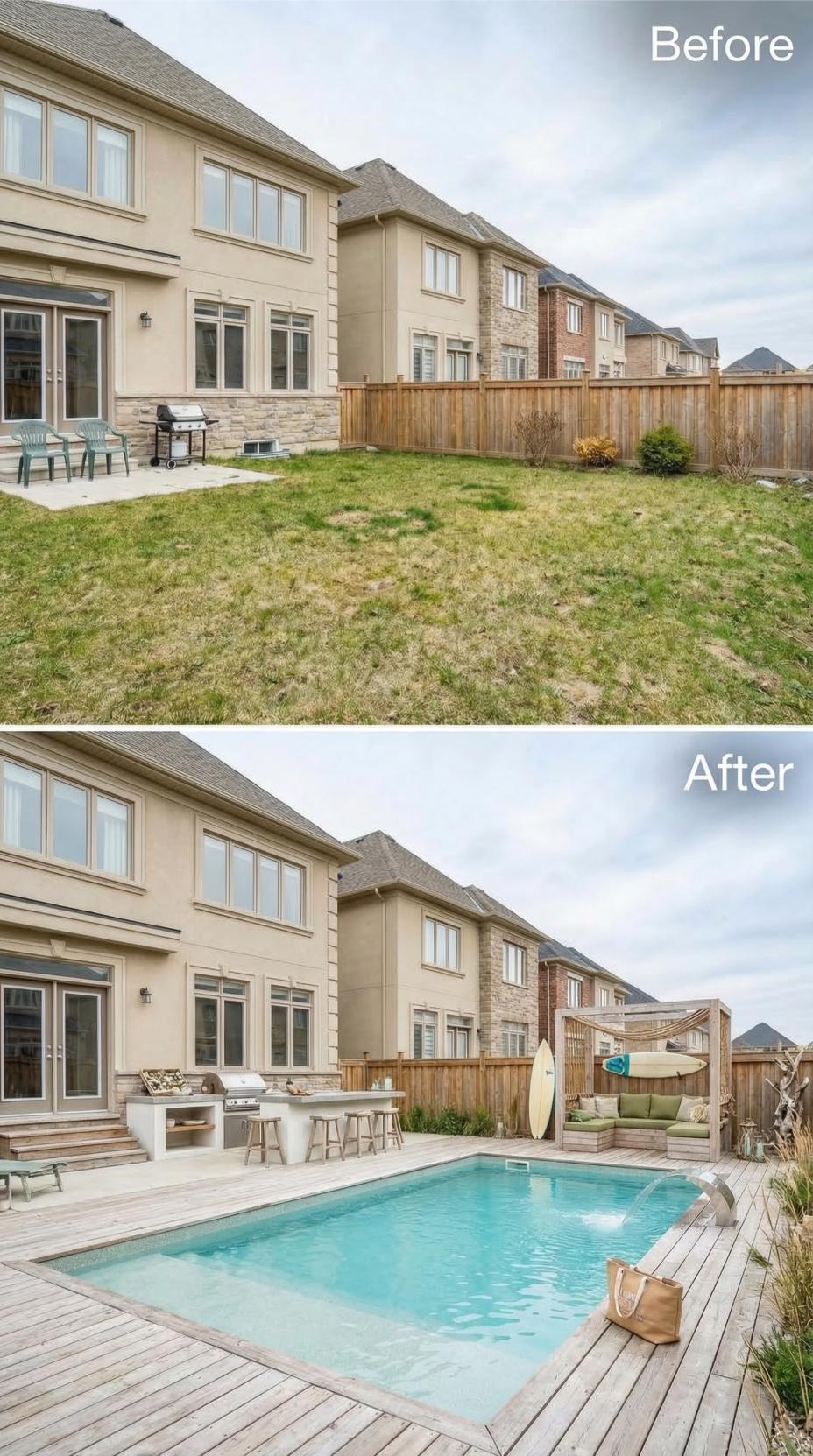 Weathered Teak Deck, an Outdoor Kitchen Bar, and a Lap Pool Replace Builder Grass