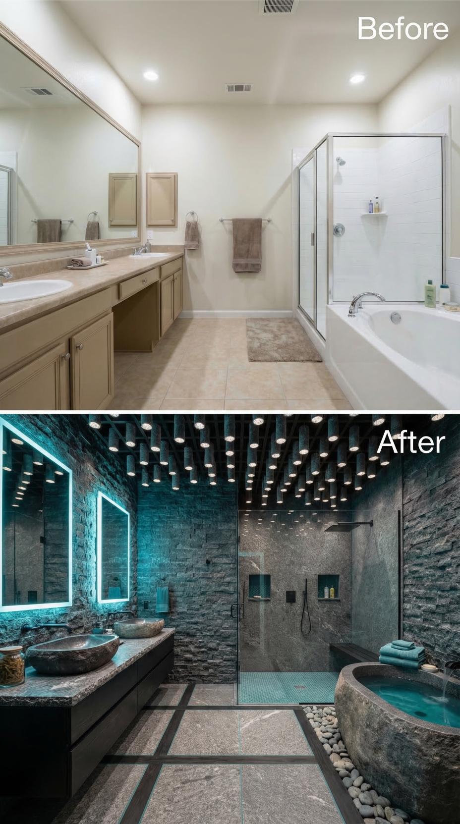 Raw Stone Walls, a Carved Tub, and Dozens of Recessed Lights Replace Every Beige Surface
