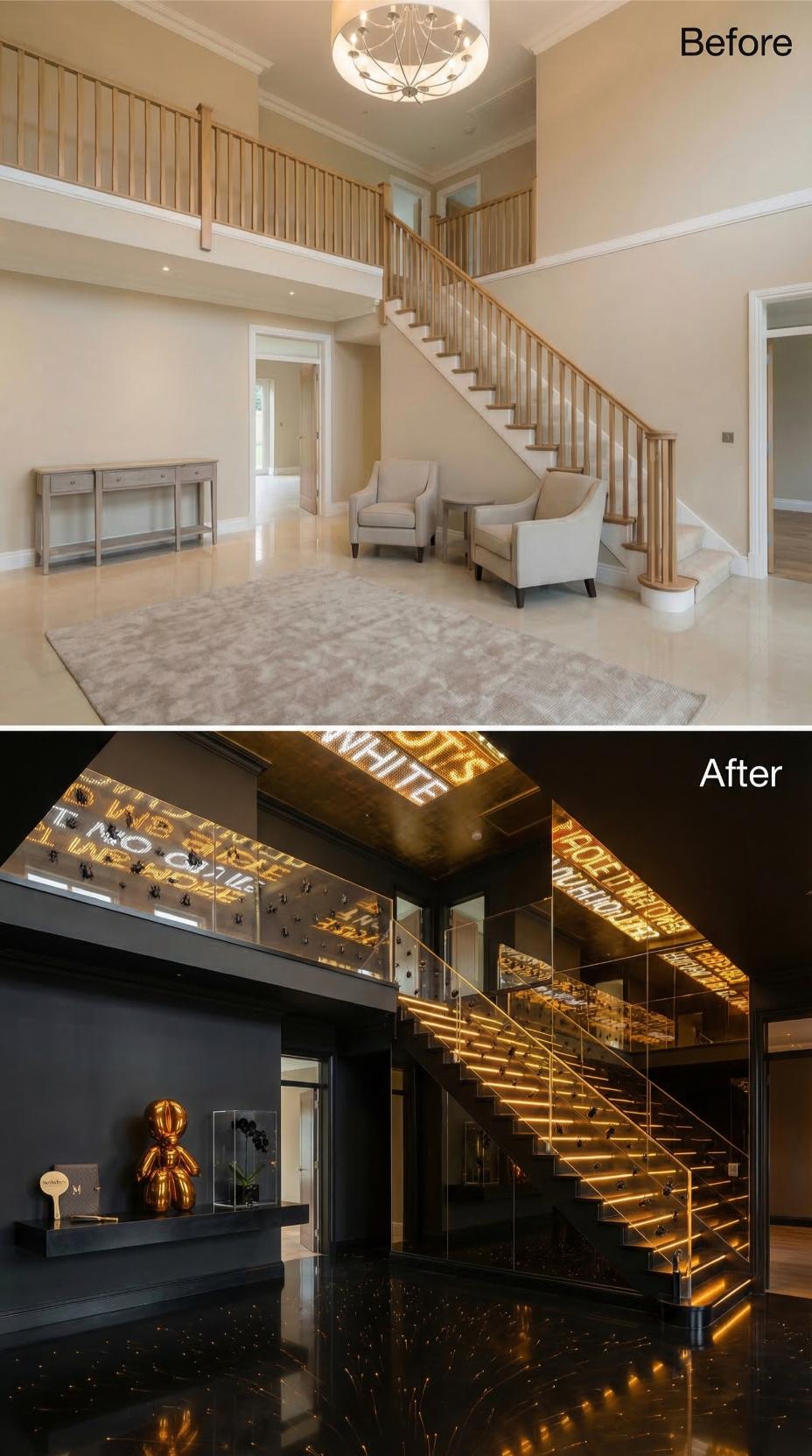 Neon Text, Gold-Lit Glass Railings, and Black Marble Replaced Oak Balusters and Beige