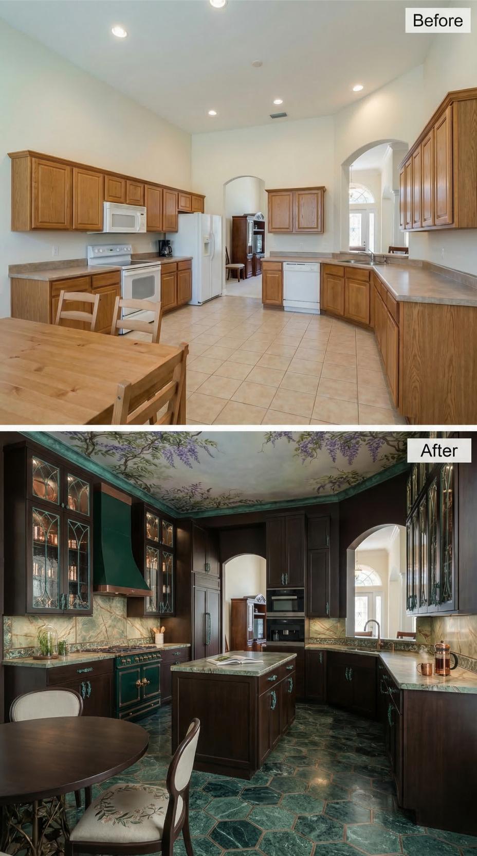 Wisteria Ceiling Mural and Green Marble Floors Bury Builder Oak in Botanical Drama