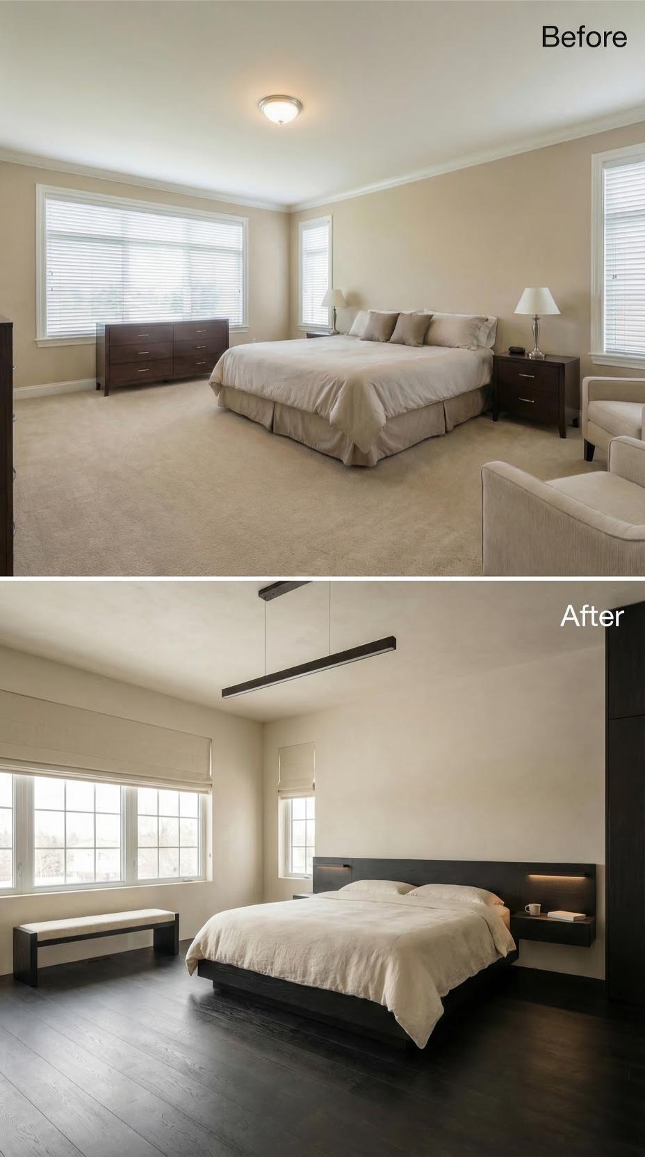 Dark Ebony Hardwood and a Floating Platform Bed Replaced Carpet and Flush Mount