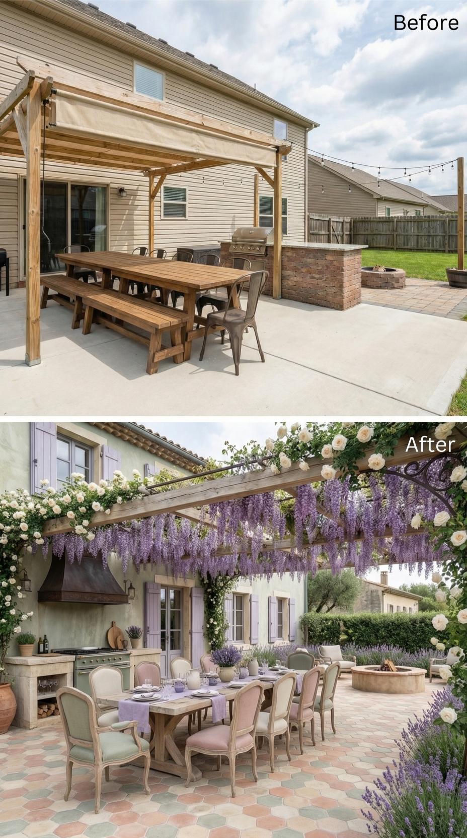 Suburban Vinyl to Provençal Stucco with Wisteria-Draped Pergola