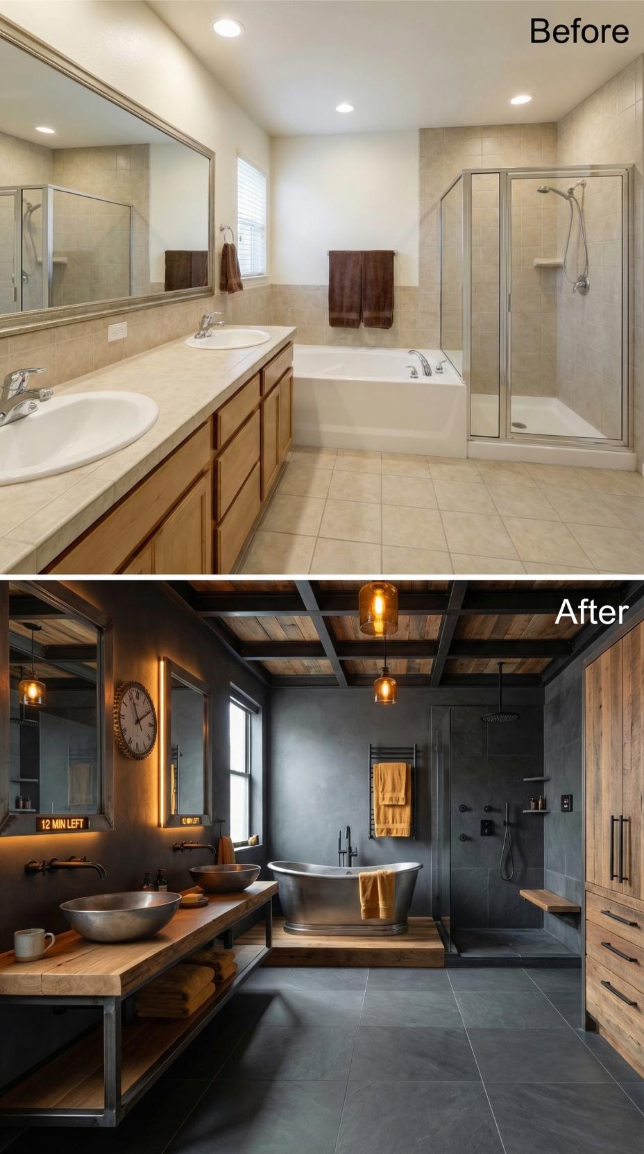 Dark Steel, Reclaimed Wood, and a Cast-Iron Tub Buried Beige for Good