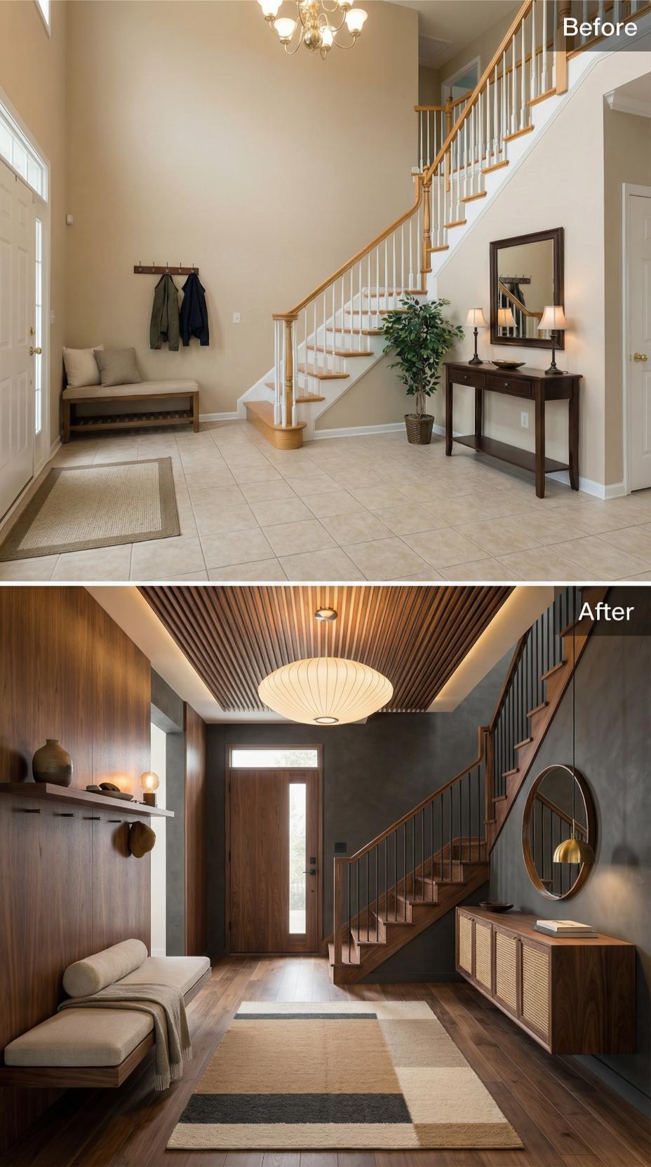 Dark Walnut Panels and a Paper Lantern Pendant Replace Beige Tile in a Two-Story Foyer