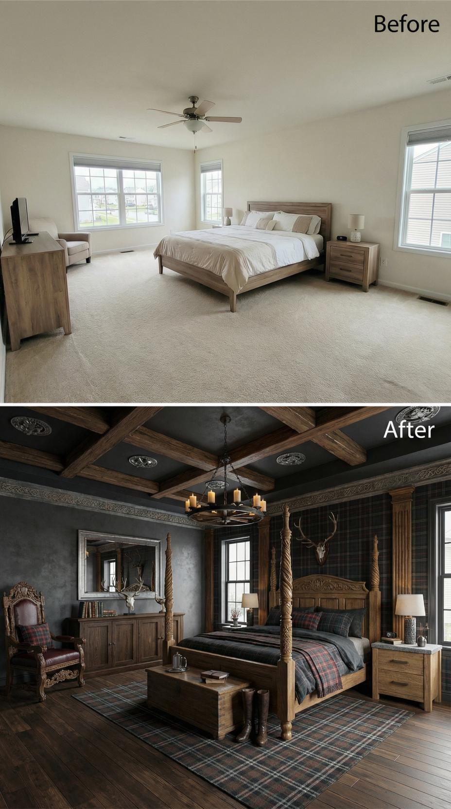 Dark Plaid, Exposed Timber Beams, and a Four-Poster Carved for a Highland Keep