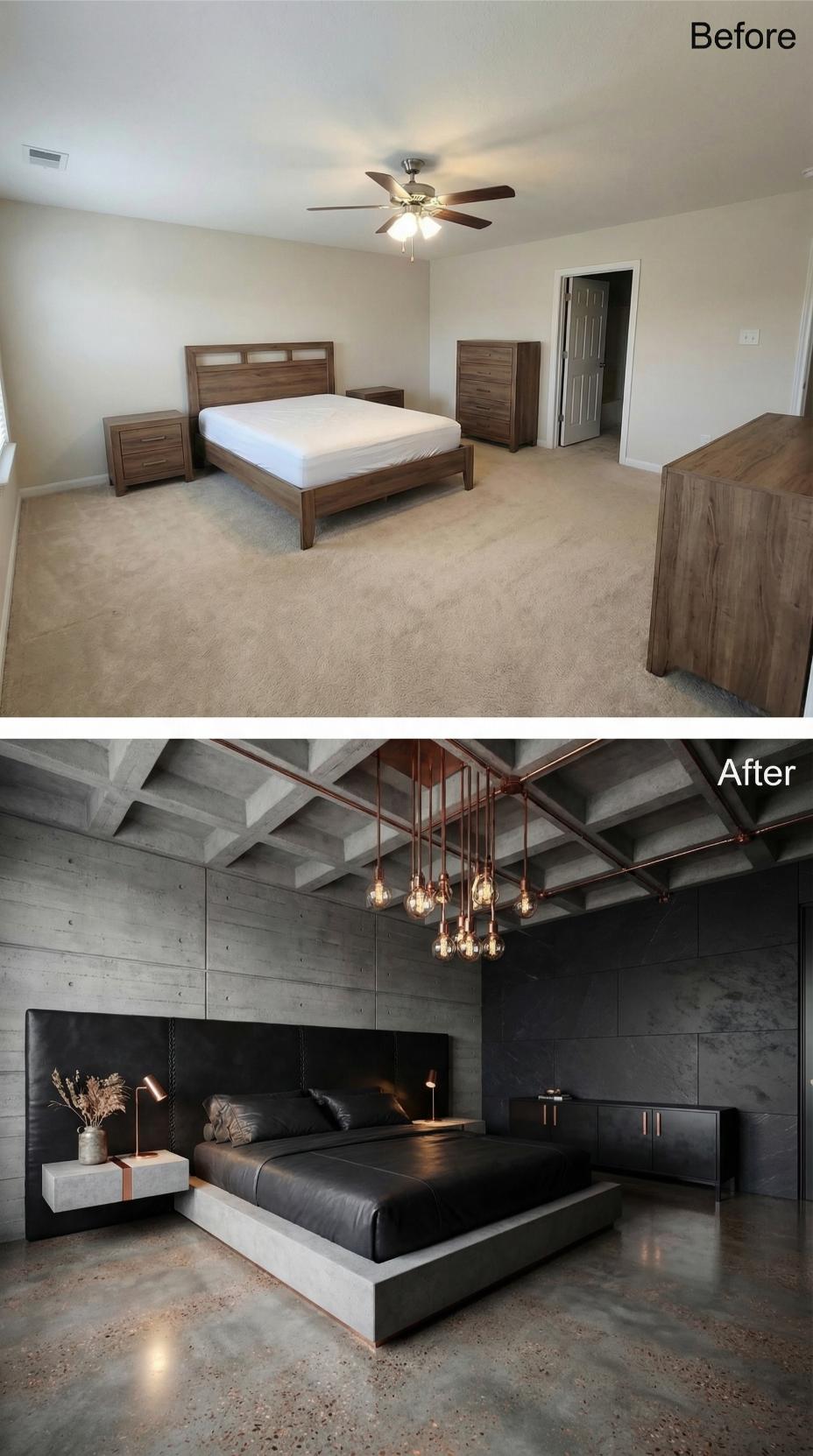 Exposed Concrete and Industrial Copper Chandelier Vault Dark Modernism