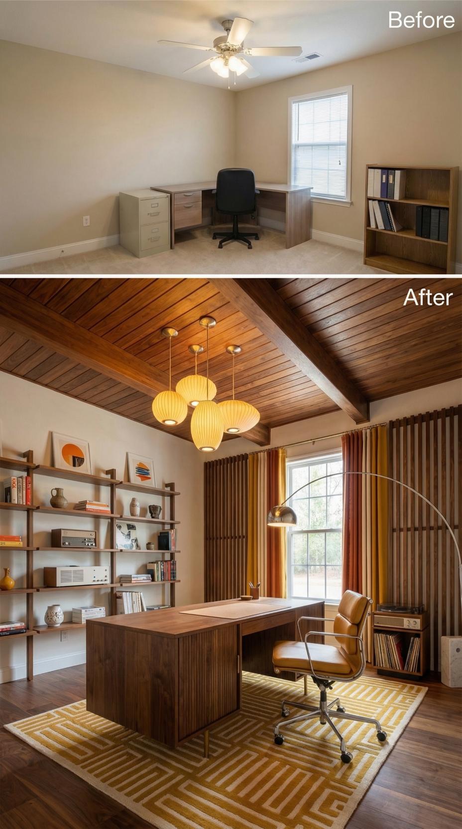 Horizontal Slat Partition and Wood-Planked Vaulted Ceiling Replace Flat Beige Walls