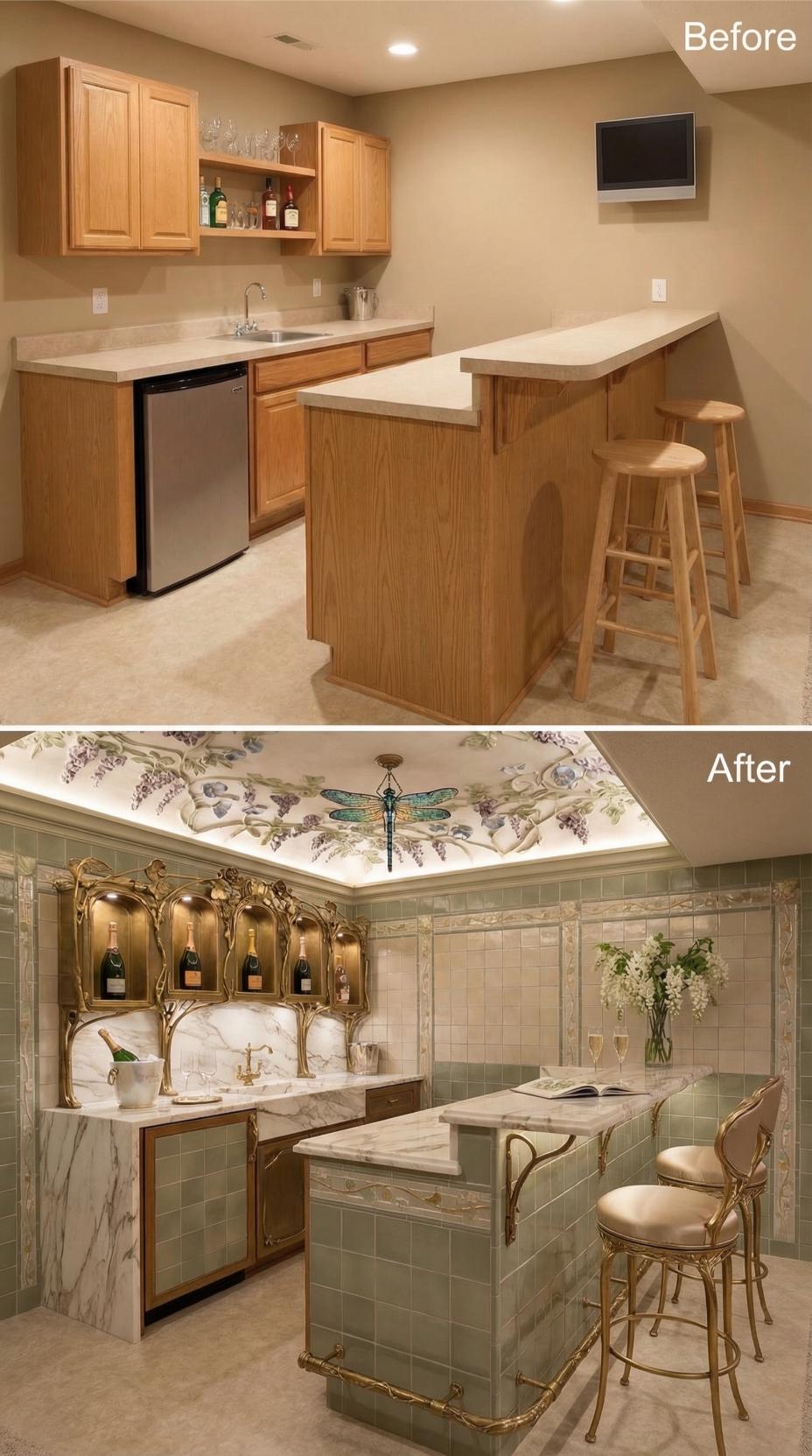 Botanical Trompe-l'Oeil Ceiling and Champagne Niches Replace Oak Bar