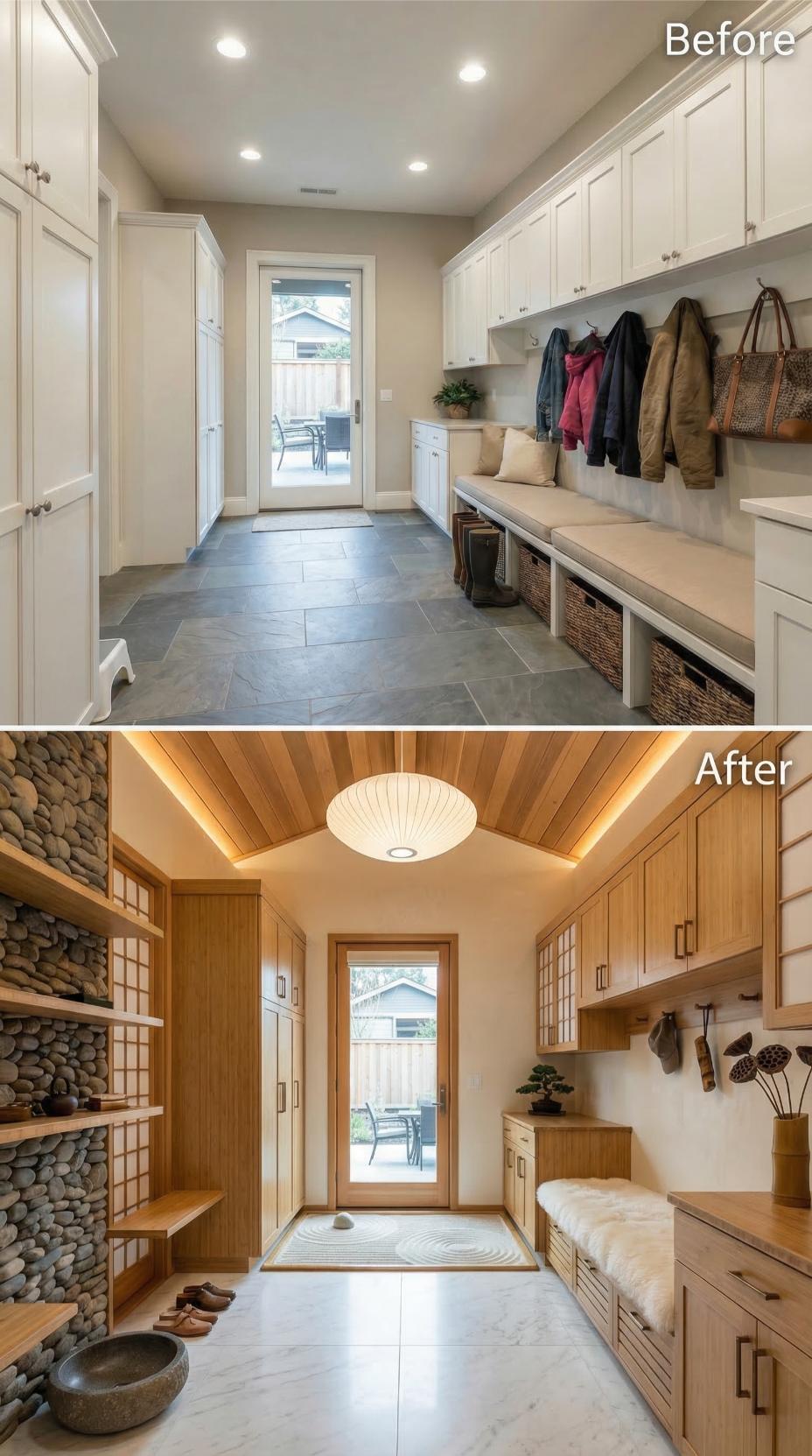 Japanese Shoji Screens and Wood Slat Ceilings Override Gray Tile Calm