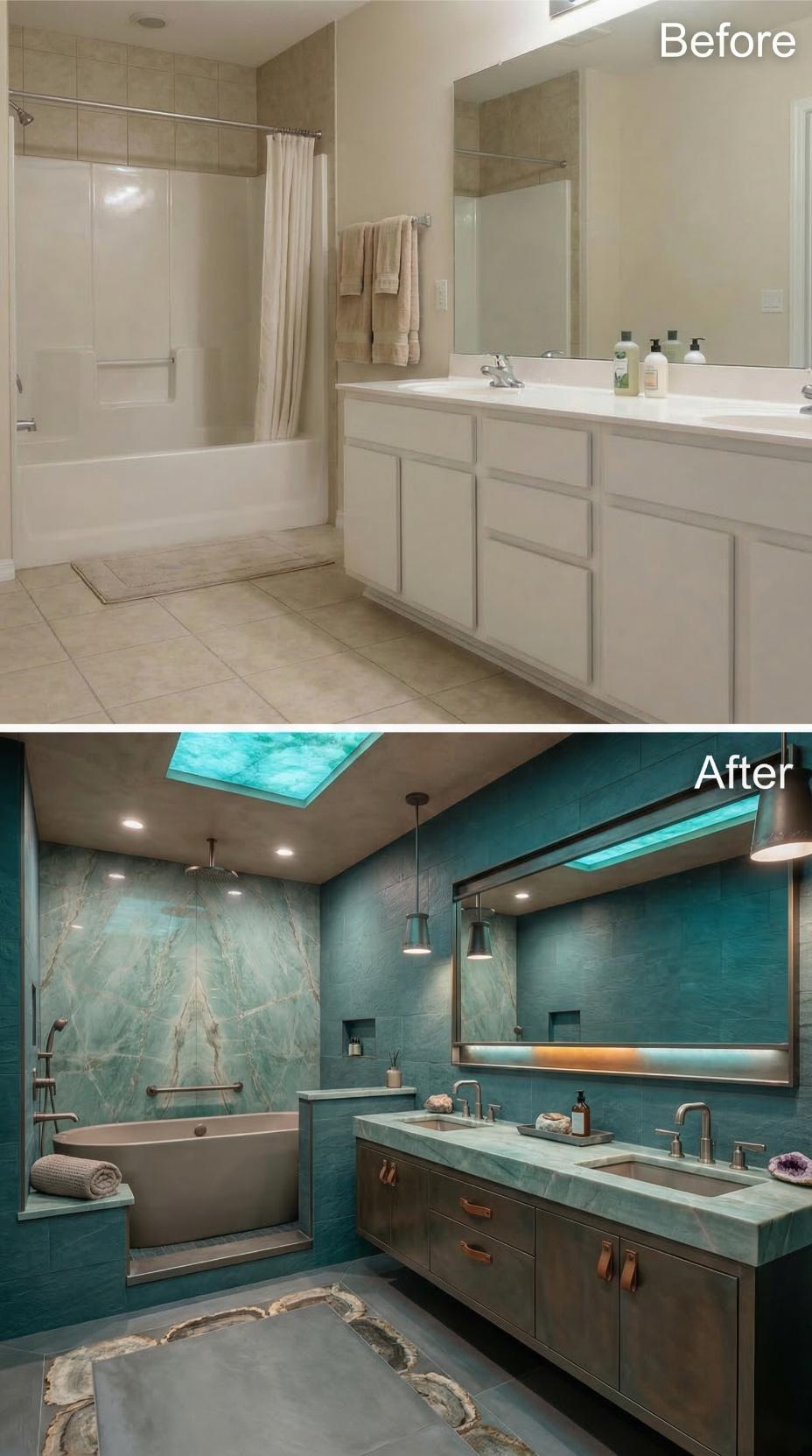 Teal Marble Slabs and Skylight Surround Frame Freestanding Tub